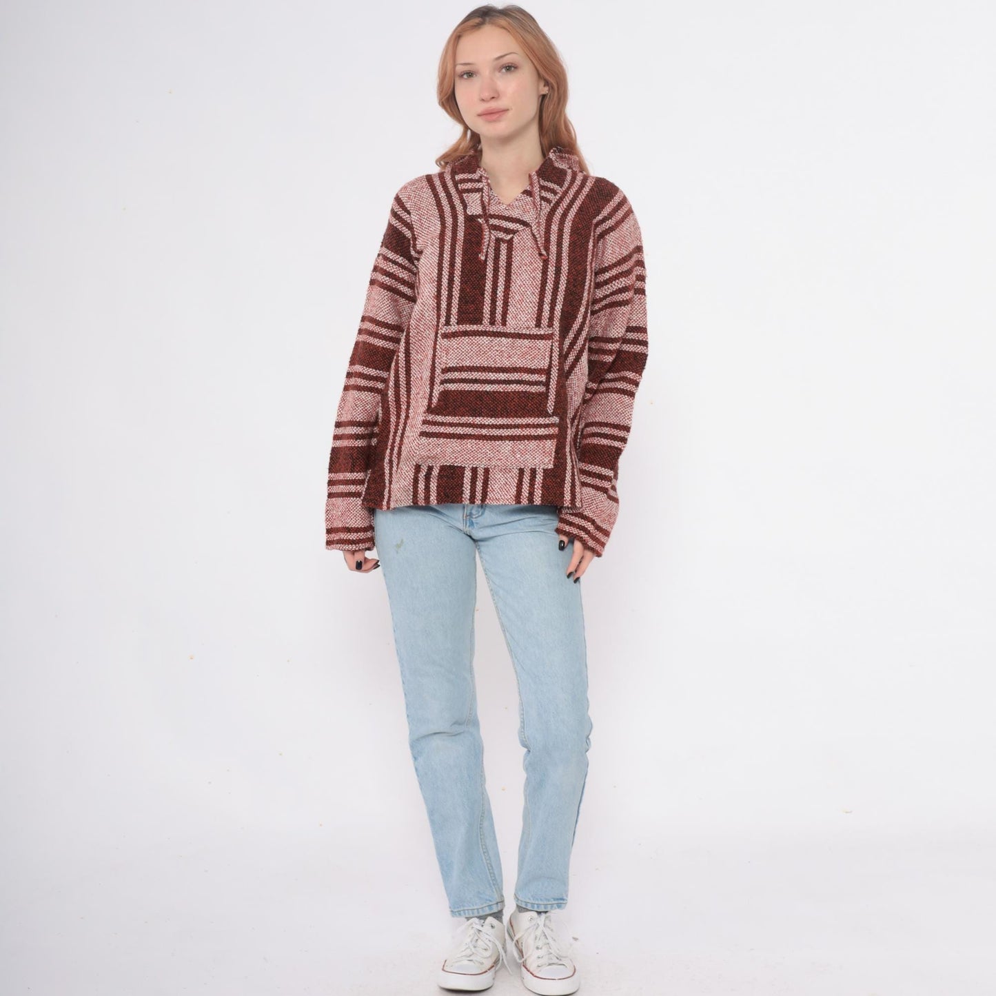 Y2K Baja Hoodie Brown Tan Striped Woven Pullover Kangaroo Pocket Medium M