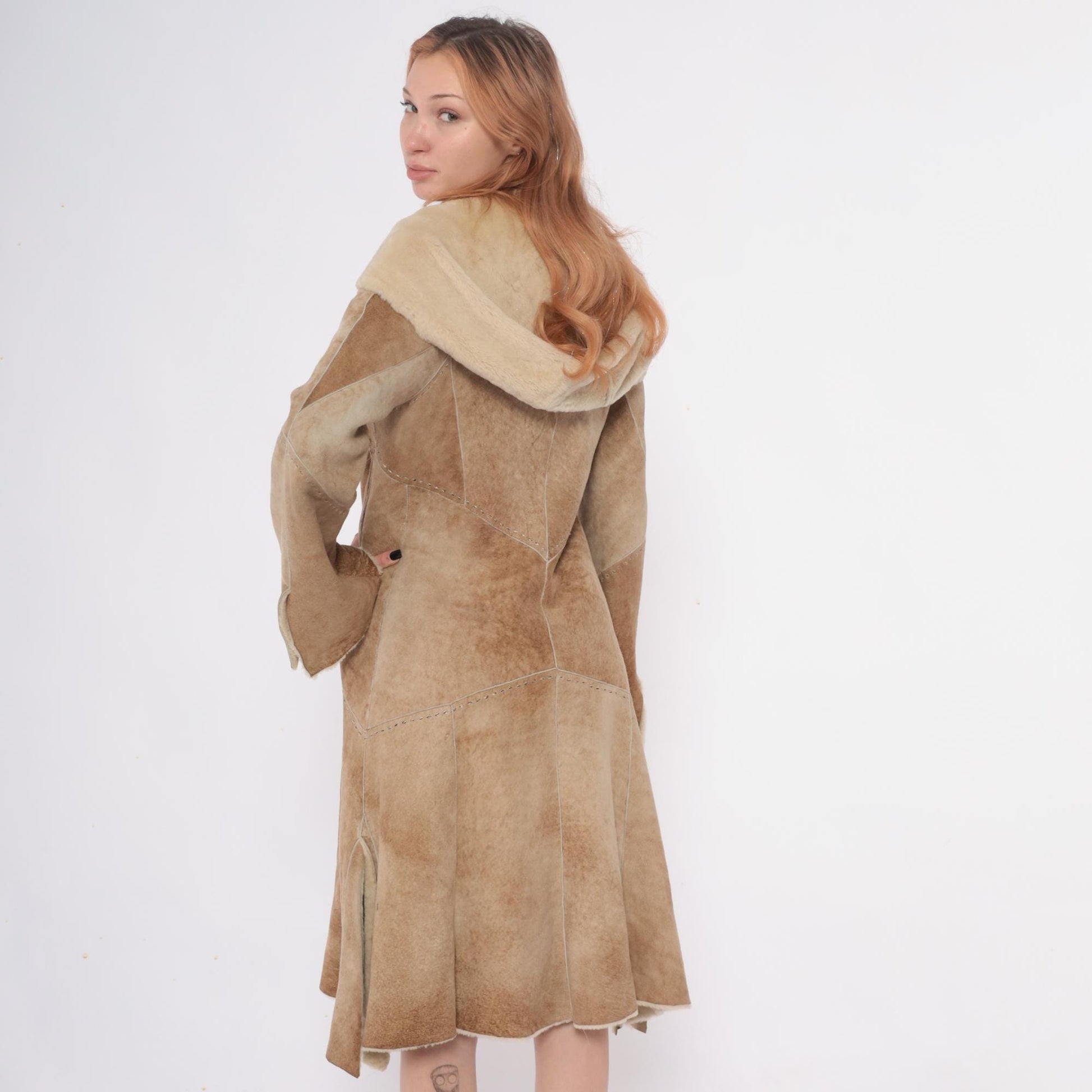 90s Denimaxx Couture Suede Hooded Coat Tan Shearling Trim Small