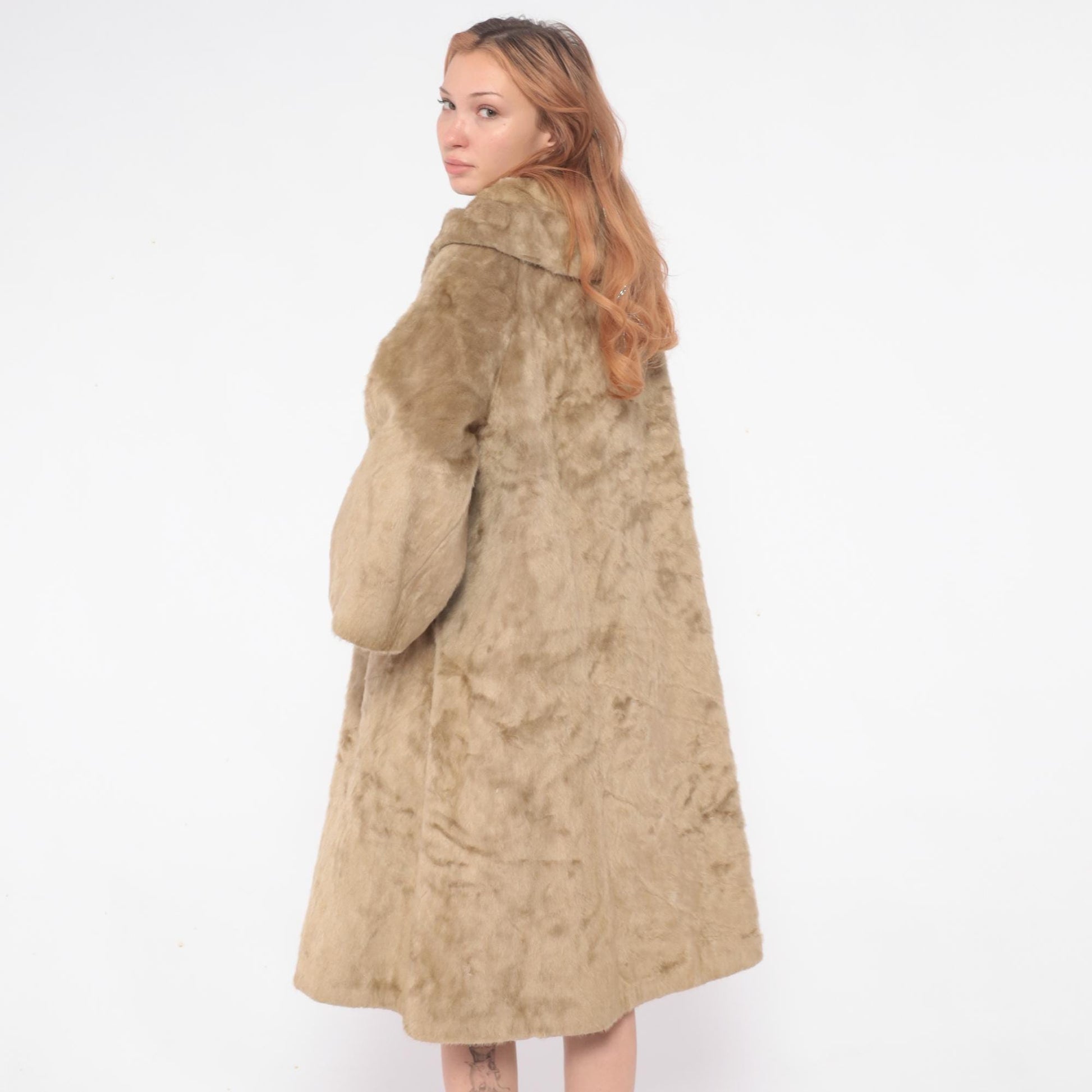 60s Sutton Place Faux Fur Coat Beige Shawl Collar A-Line Large L