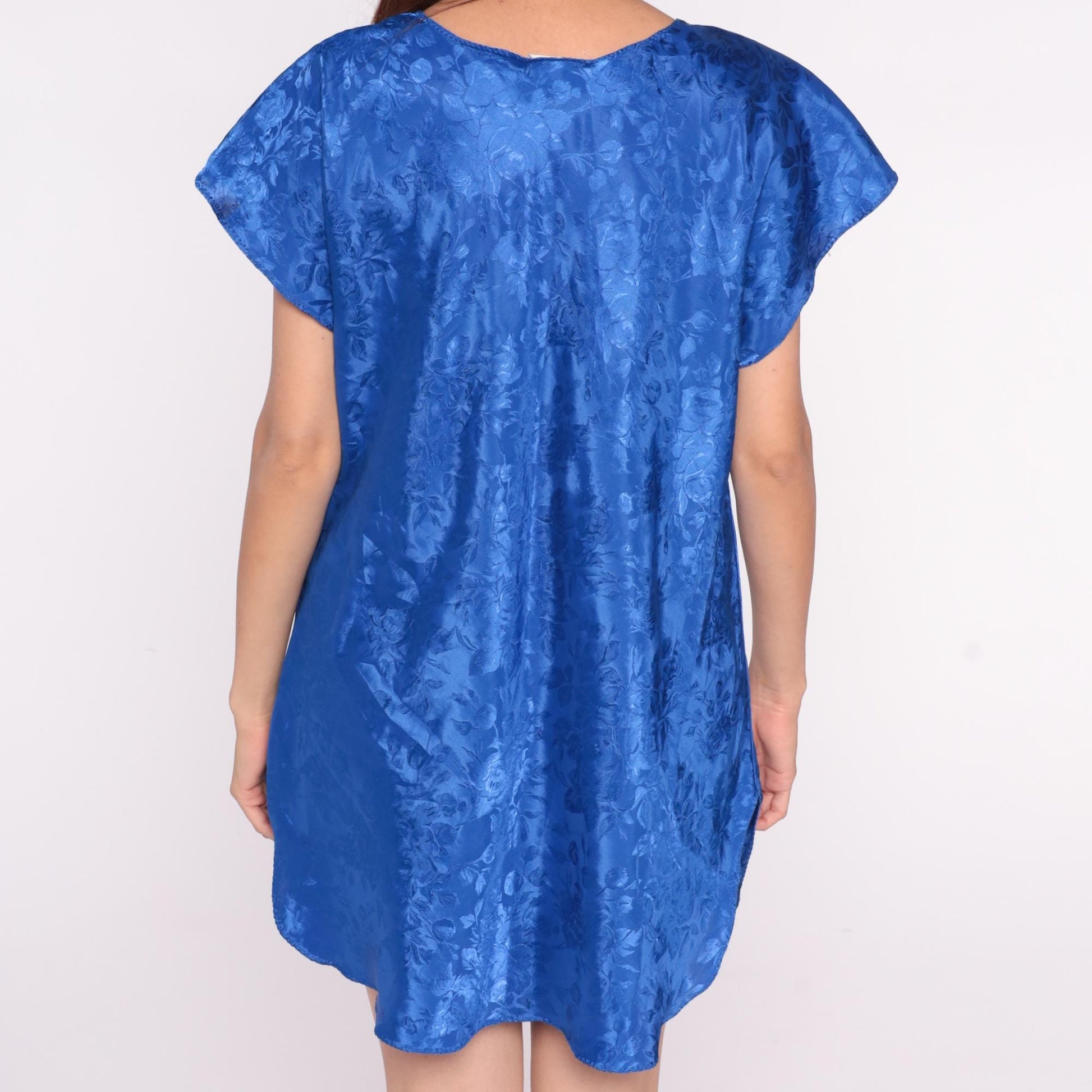 90s La Intimates Royal Blue Satin Nightgown Floral Jacquard V-Neck Mini Small