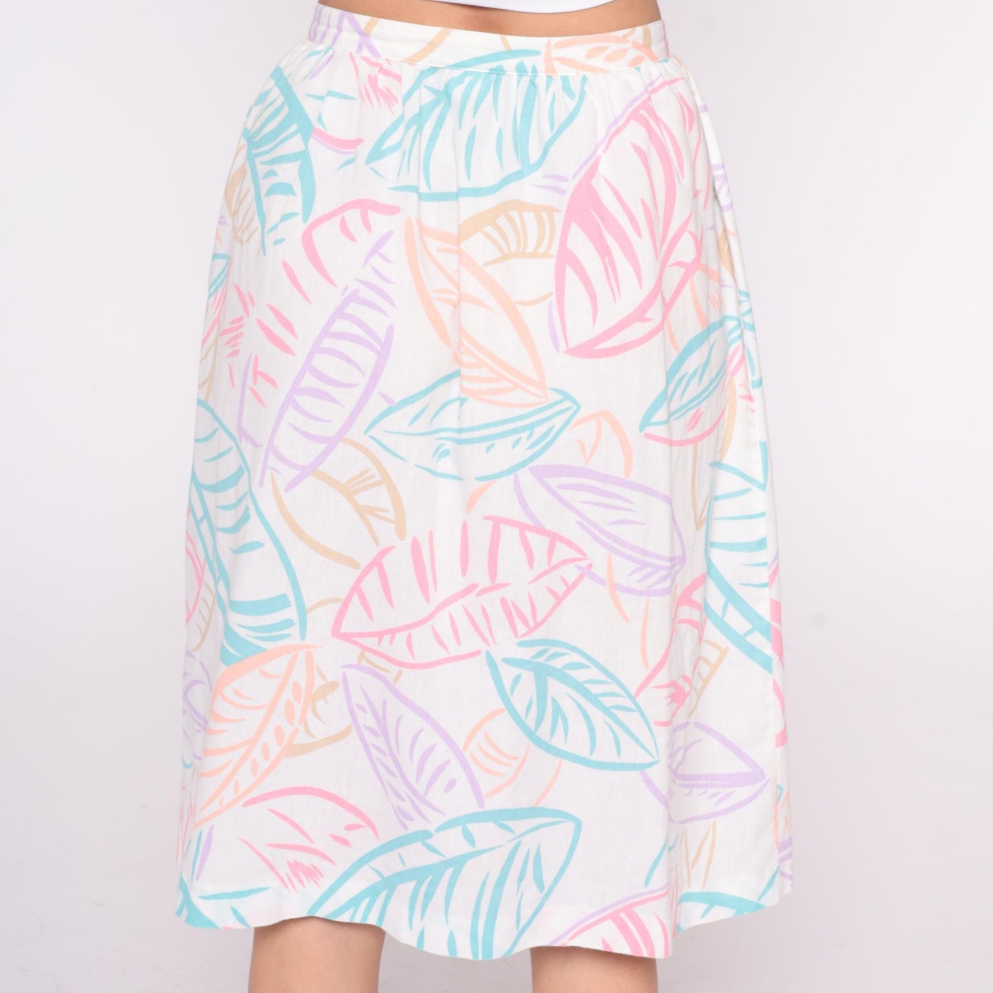 80s Salem Tropical Leaf Print A-Line Skirt White Pastel High Waist Large