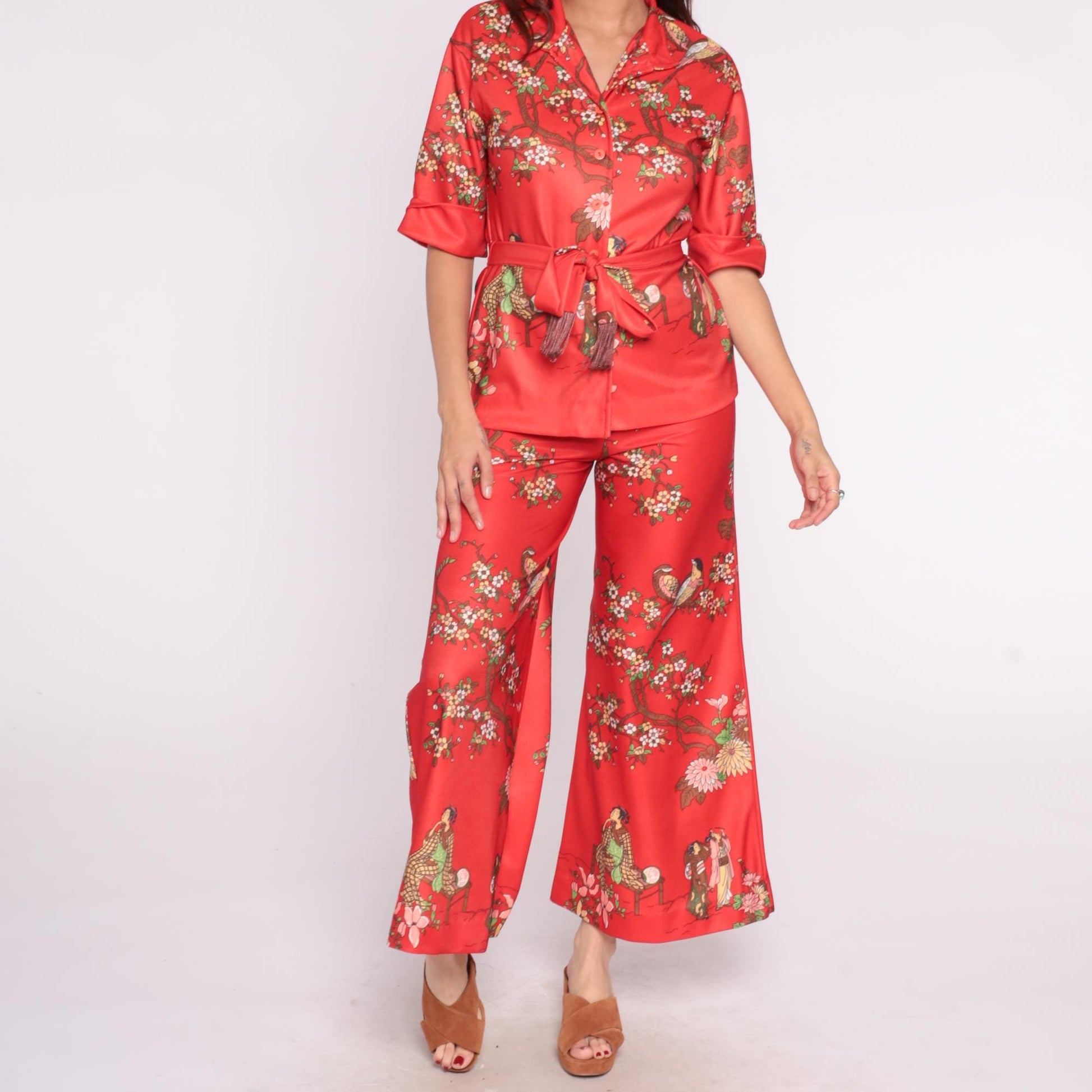 70s Leslie Fay Pheasant Cherry Blossom Two Piece Set Red Small