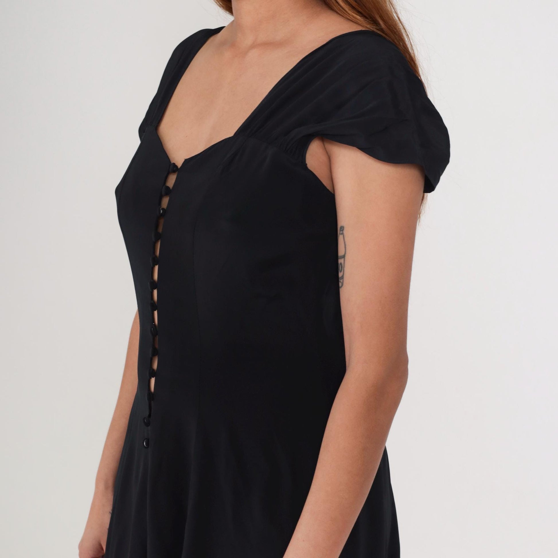 80s Black Maxi Dress Button Front Cap Sleeve Square Cutout Medium