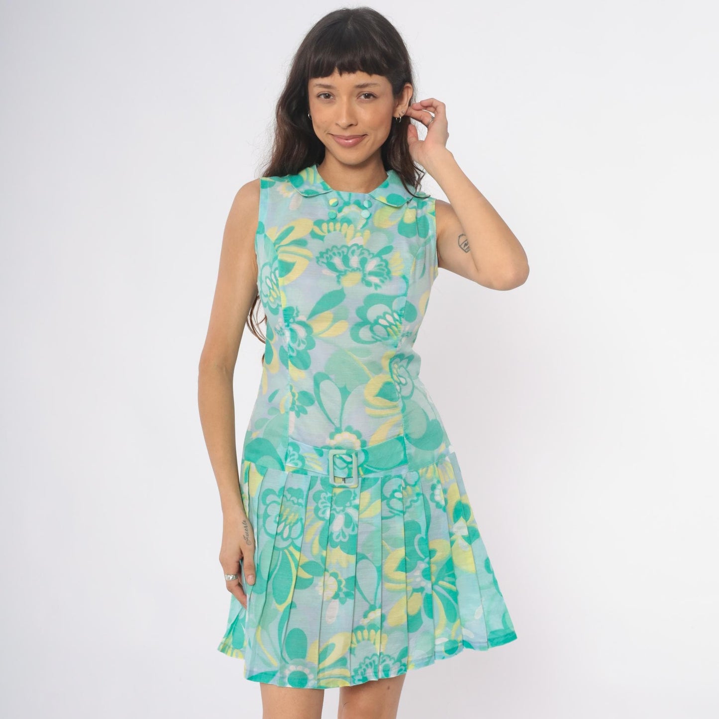 60s Mod Floral Drop Waist Dress Turquoise Peter Pan Collar Pleated Small