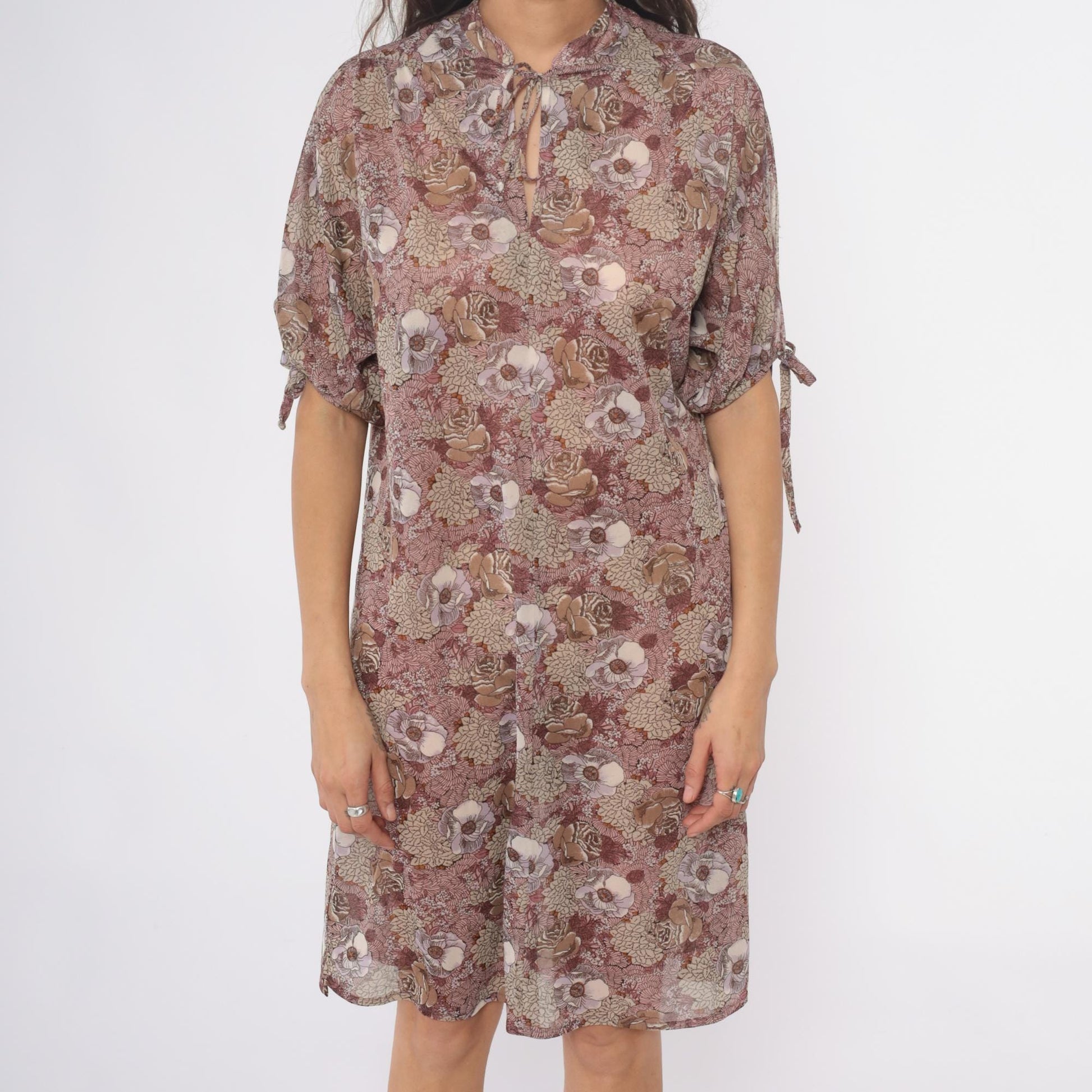 70s Trolley Car Floral Shift Dress Dusty Rose Tie Neck Knee Length Large L