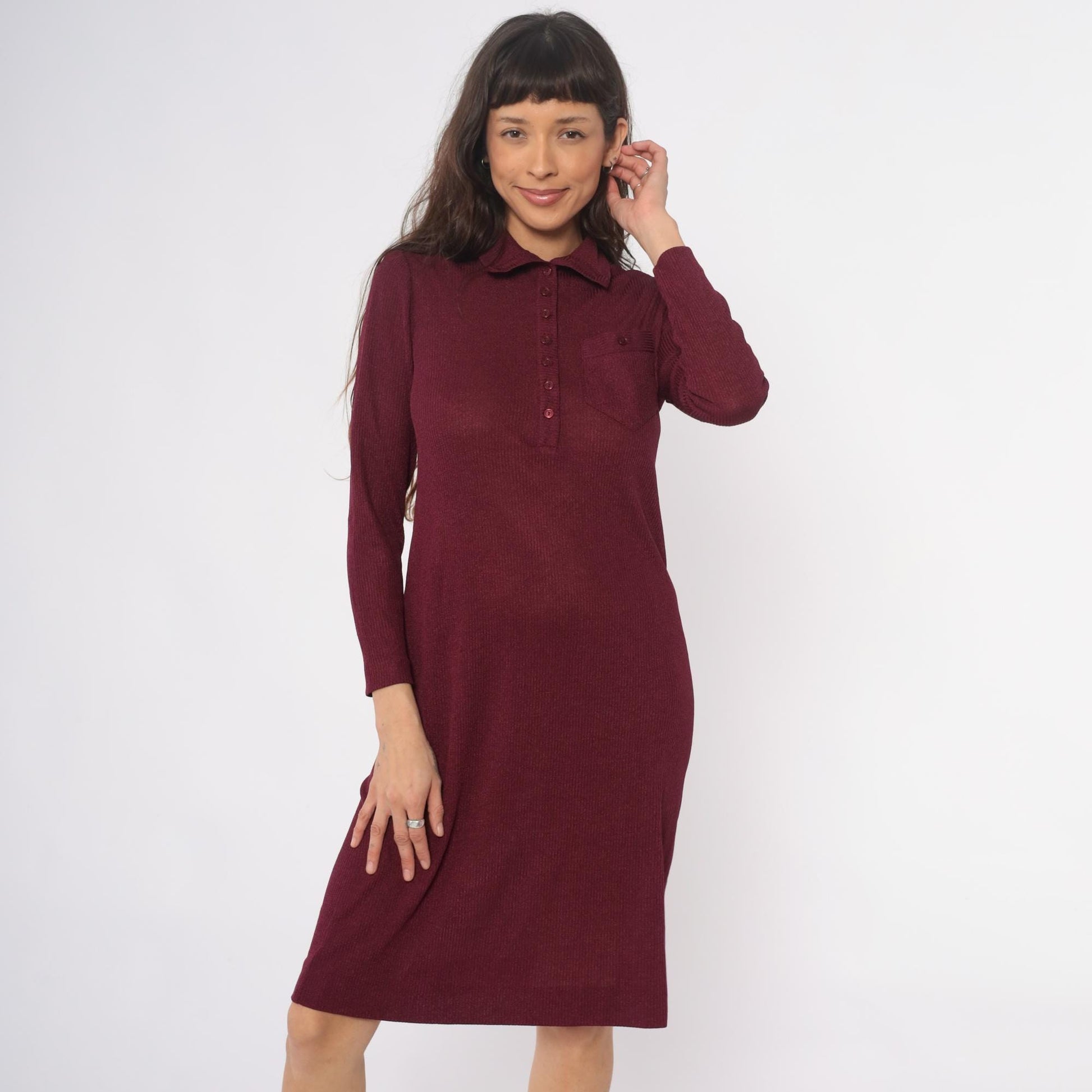 70s Burgundy Ribbed Knit Polo Dress Knee Length Collared Long Sleeve Medium
