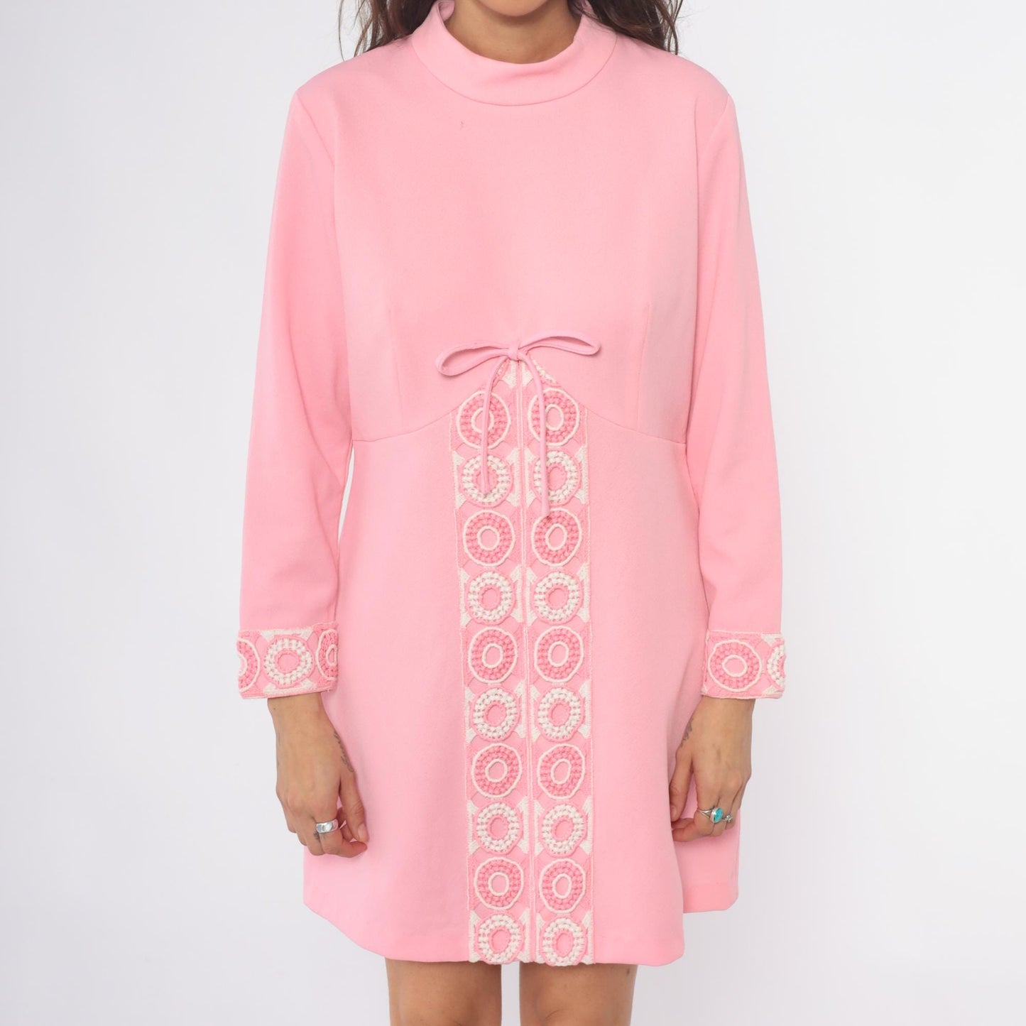70s Pink Mini Shift Dress Long Sleeve Embroidered Mock Neck Large L