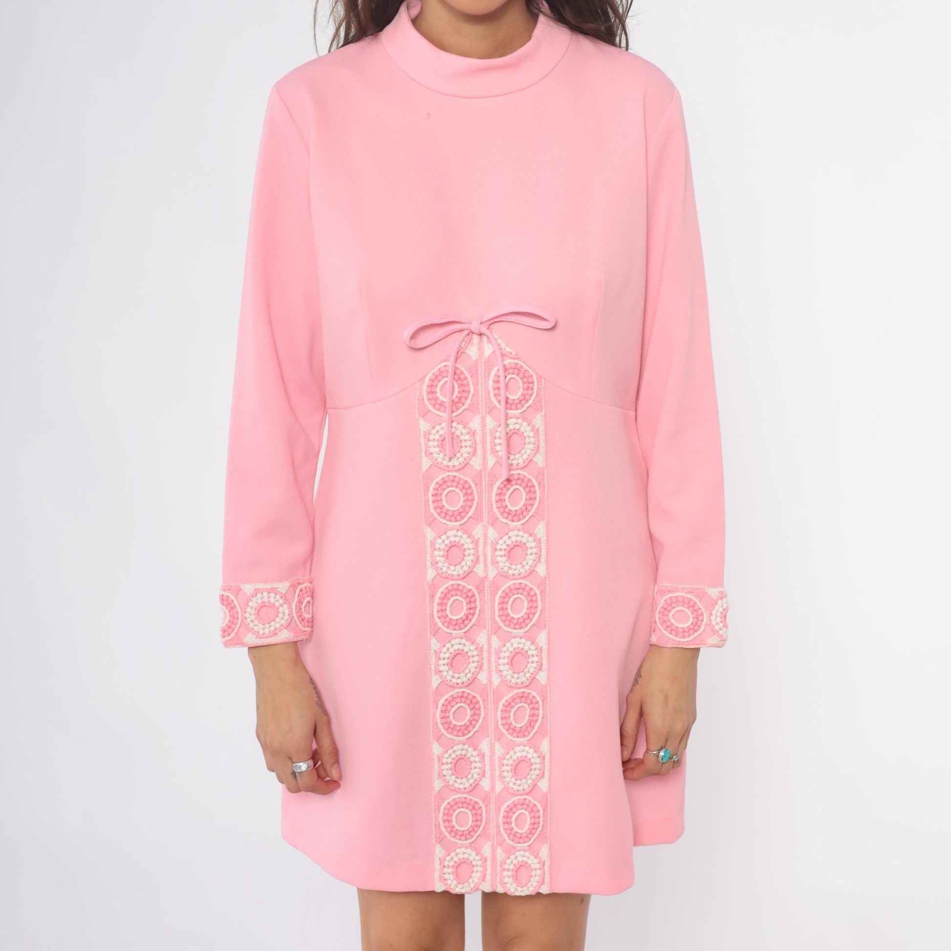 70s Pink Mini Shift Dress Long Sleeve Embroidered Mock Neck Large L