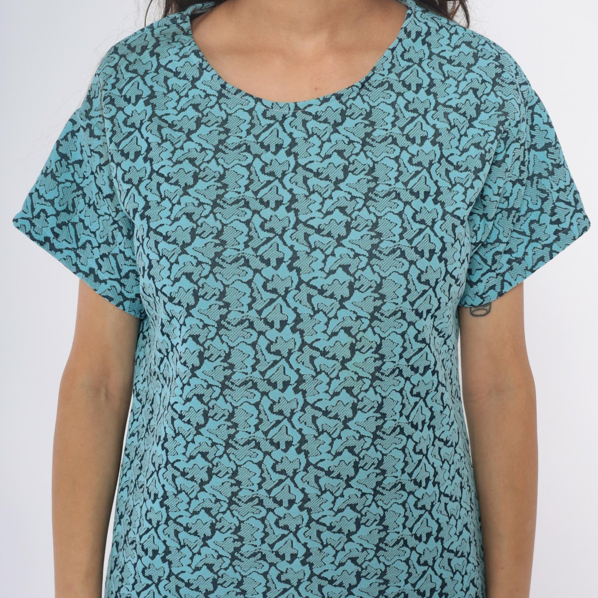 1960s Turquoise Shift Dress Black Floral Damask Print Mini Short Sleeve Large L