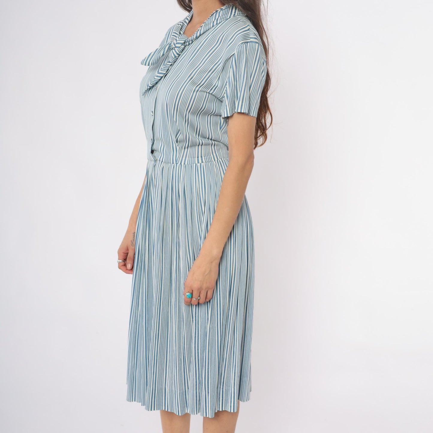 60s Nancy Greer Striped Midi Dress Blue White Mod Button Front Medium