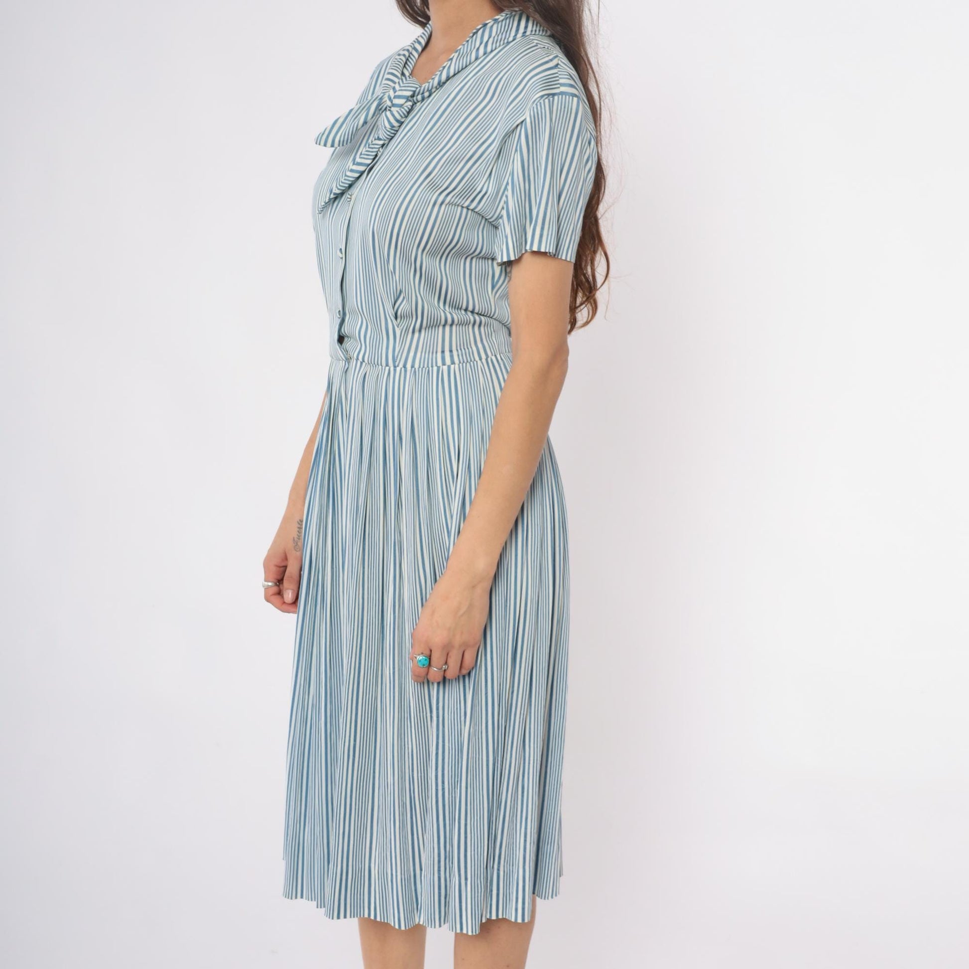 60s Nancy Greer Striped Midi Dress Blue White Mod Button Front Medium