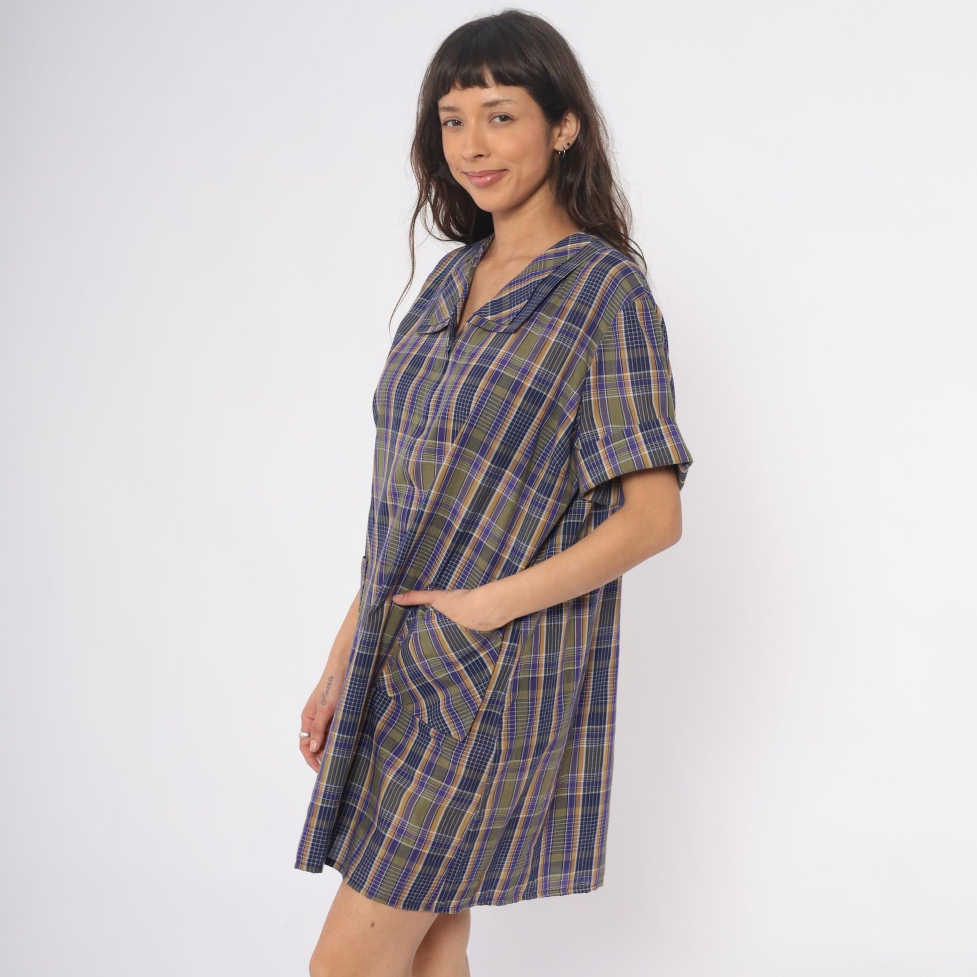 80s Zip N Dash Plaid Shift Dress Collared Pockets Navy Olive Extra Large