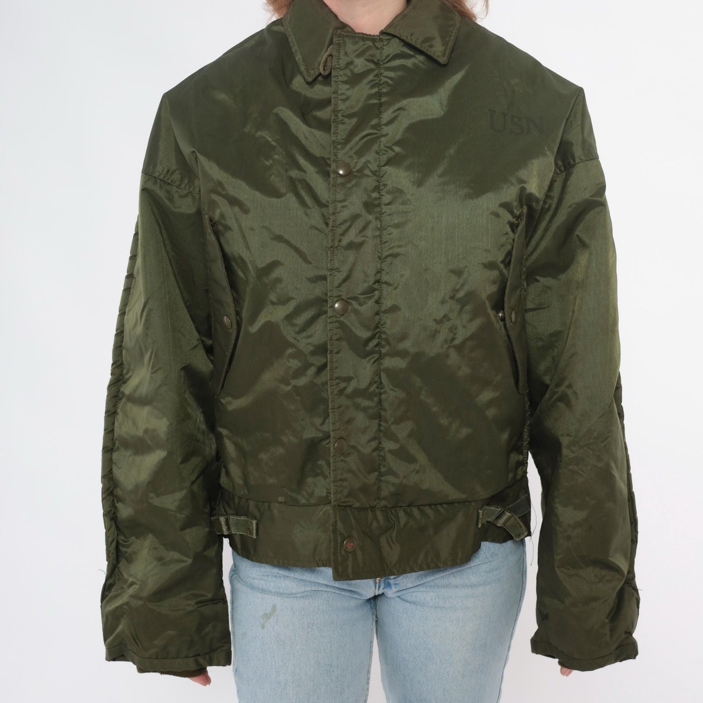 60s US Navy A1 Bomber Jacket Olive Green Quilted Lined Medium