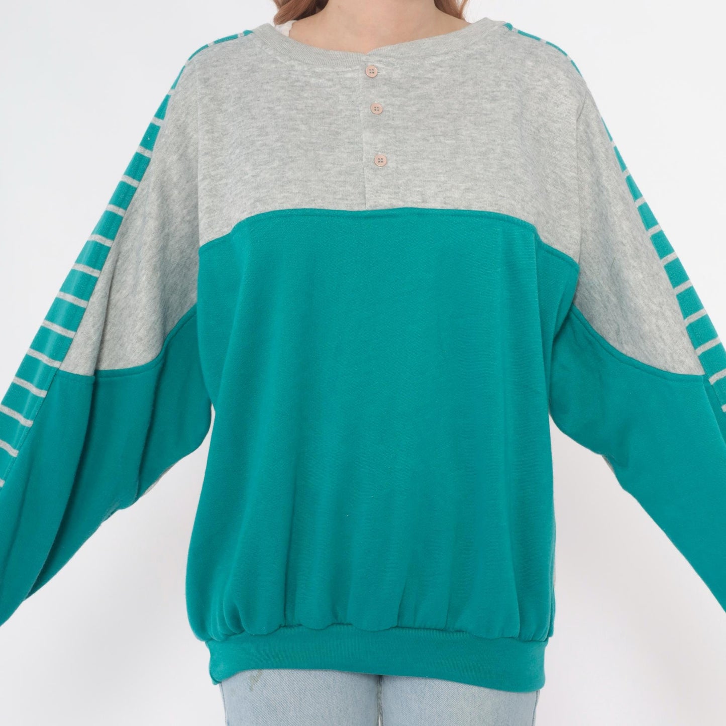 90s Teal Colorblock Sweatshirt Grey Striped Sleeve Crewneck Medium M