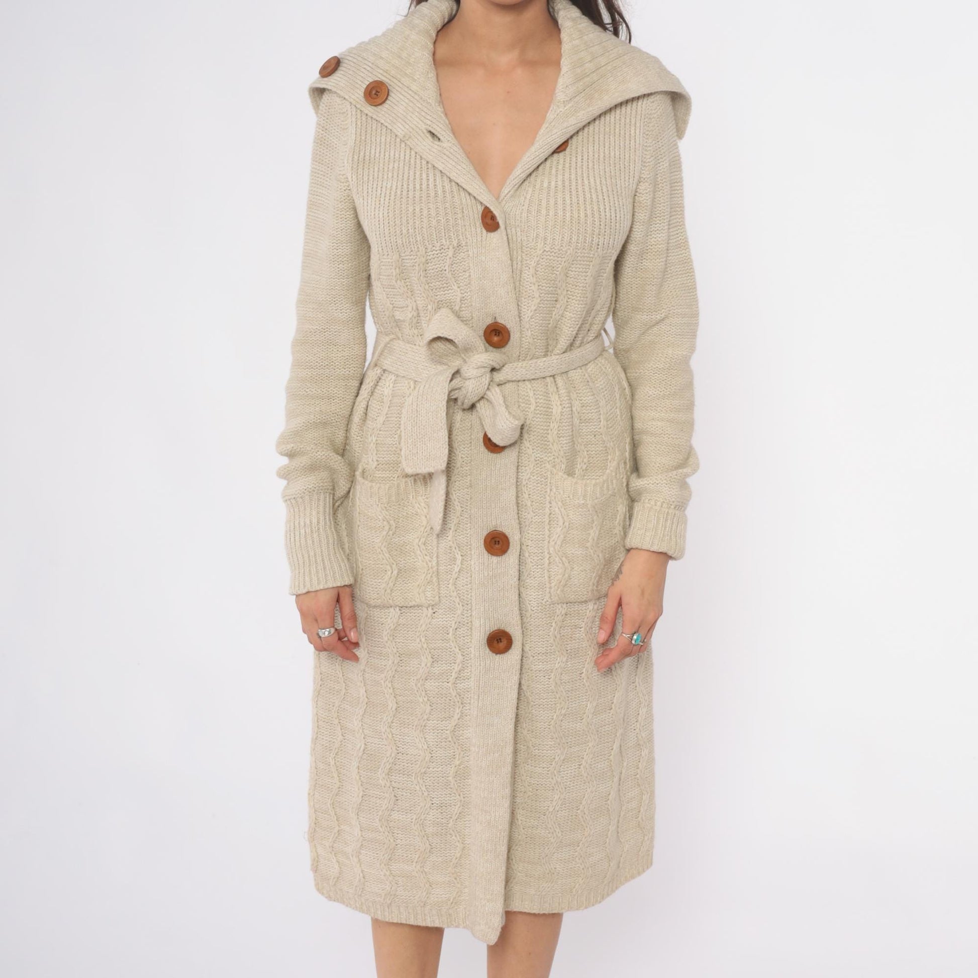 70s Dawn International Cable Knit Cardigan Cream Shawl Collar Duster Small
