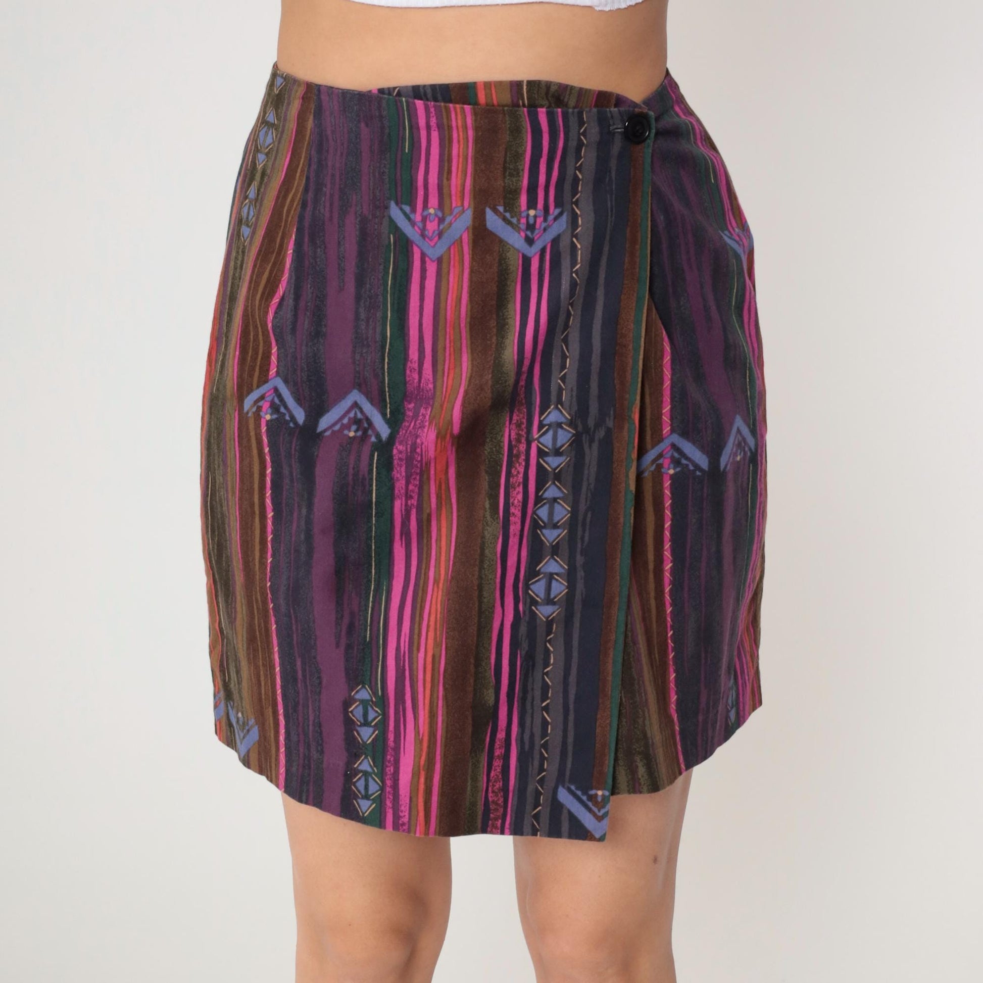 90s Fox & Hound Striped Cotton Mini Wrap Skirt Geometric Purple Pink Medium