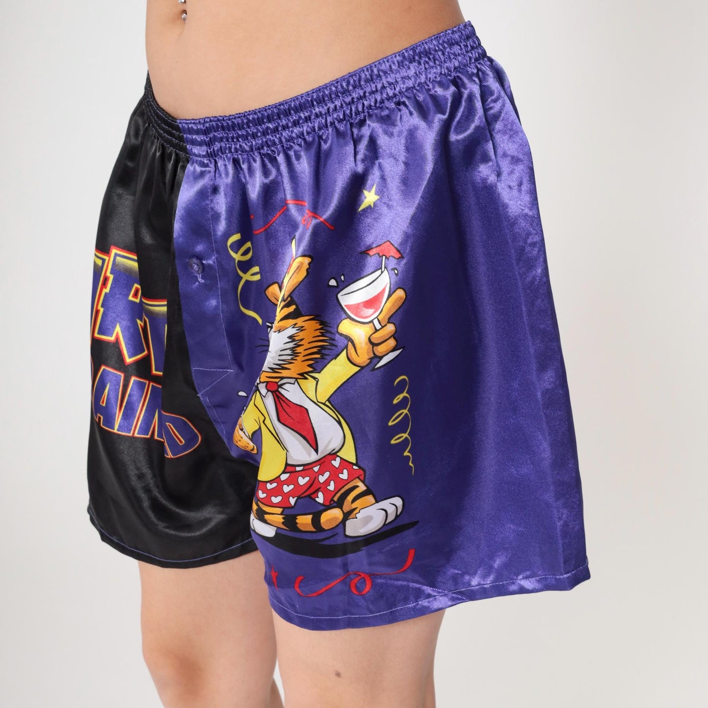 90s Party Trained Tiger Satin Shorts Purple Black Split High Waist Plus Size XXL