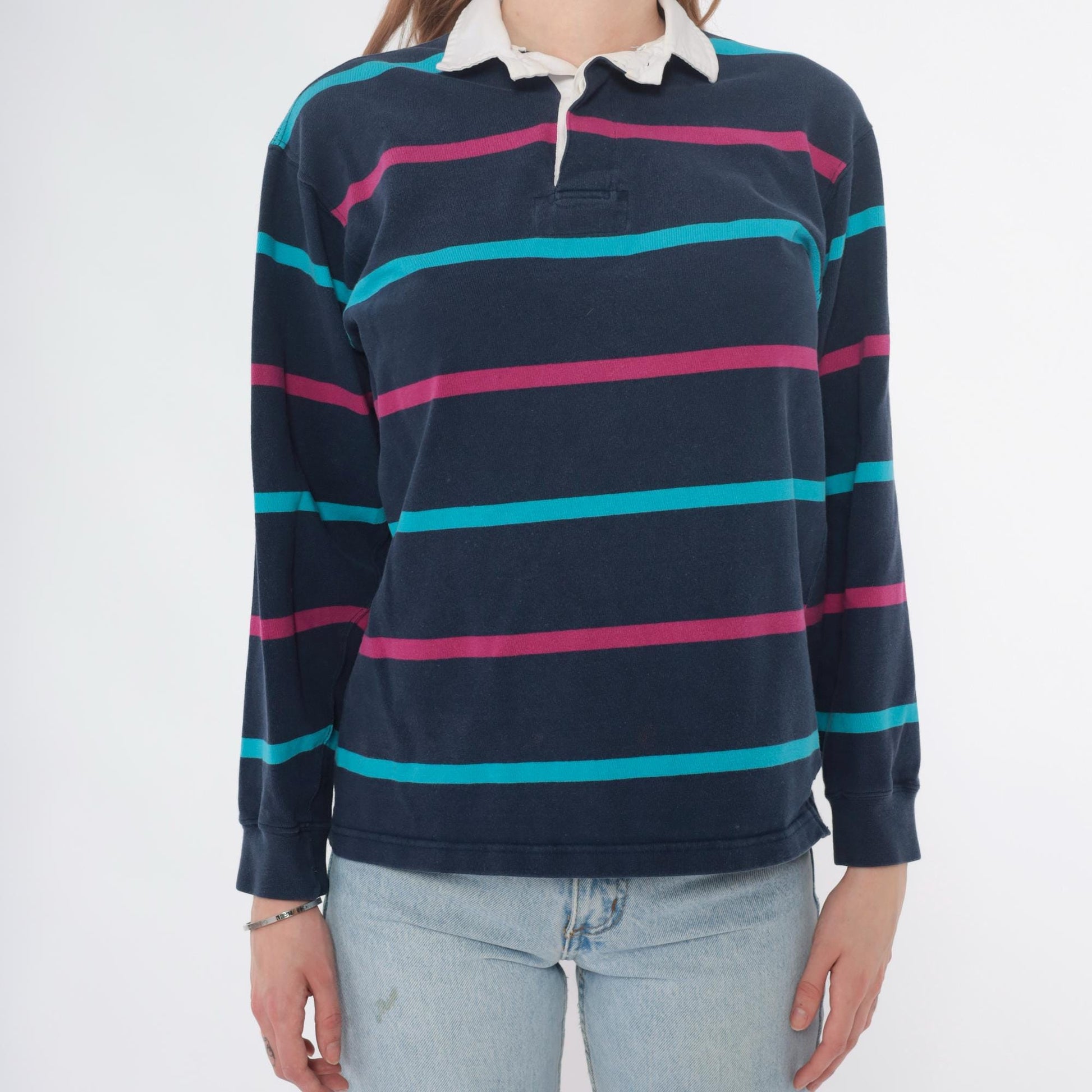 90s Dover by Arrow Rugby Polo Navy Pink Teal Striped Cotton Small