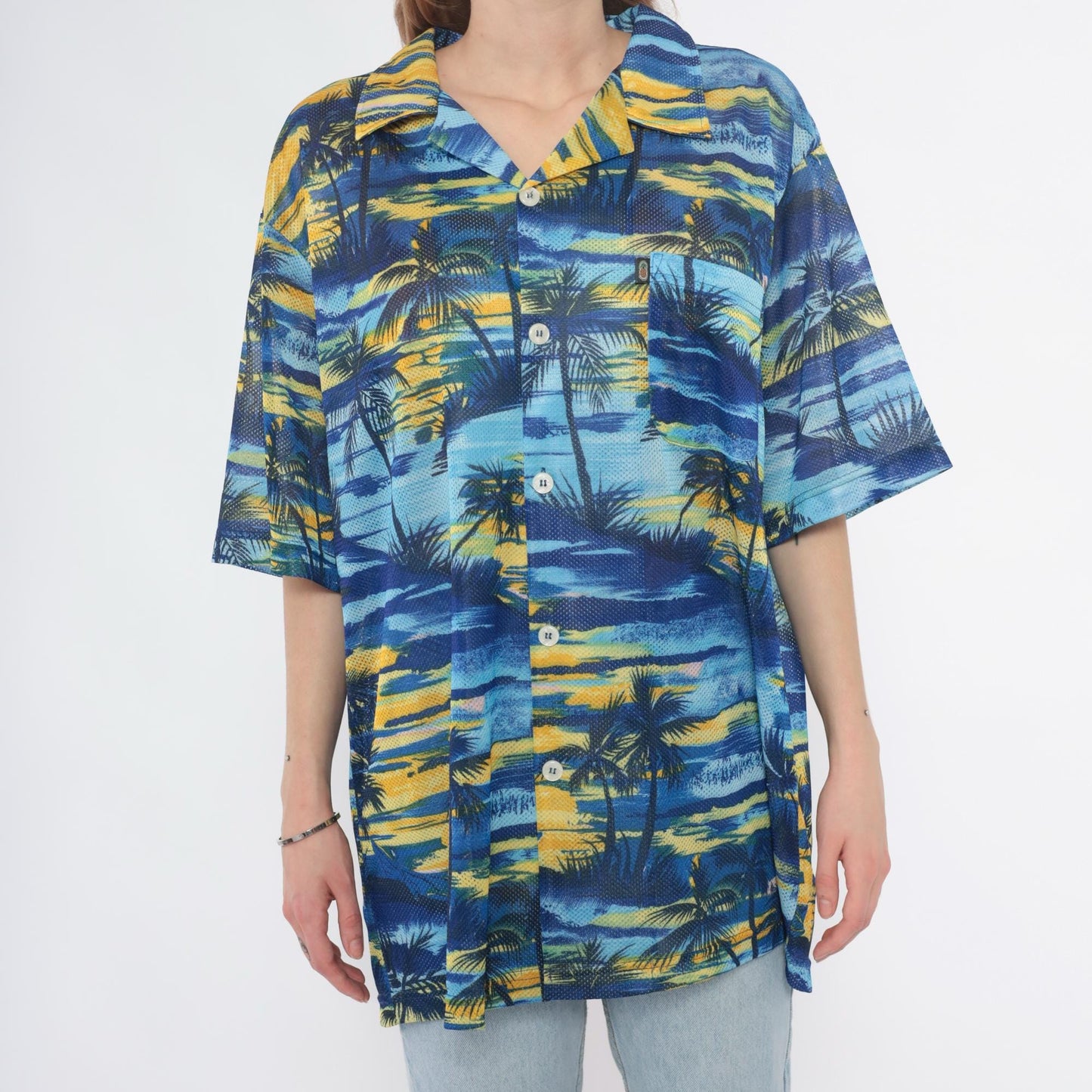 Y2K Pineapple Connection Hawaiian Shirt Blue Yellow Palm Tree Print Large L