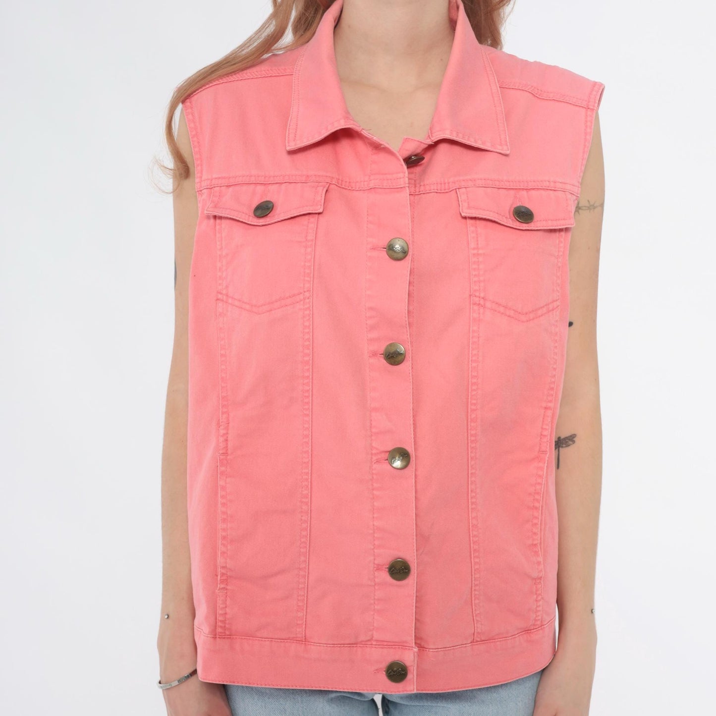 90s Bend Over Pink Denim Vest Button Front Pointed Collar Extra Large XL