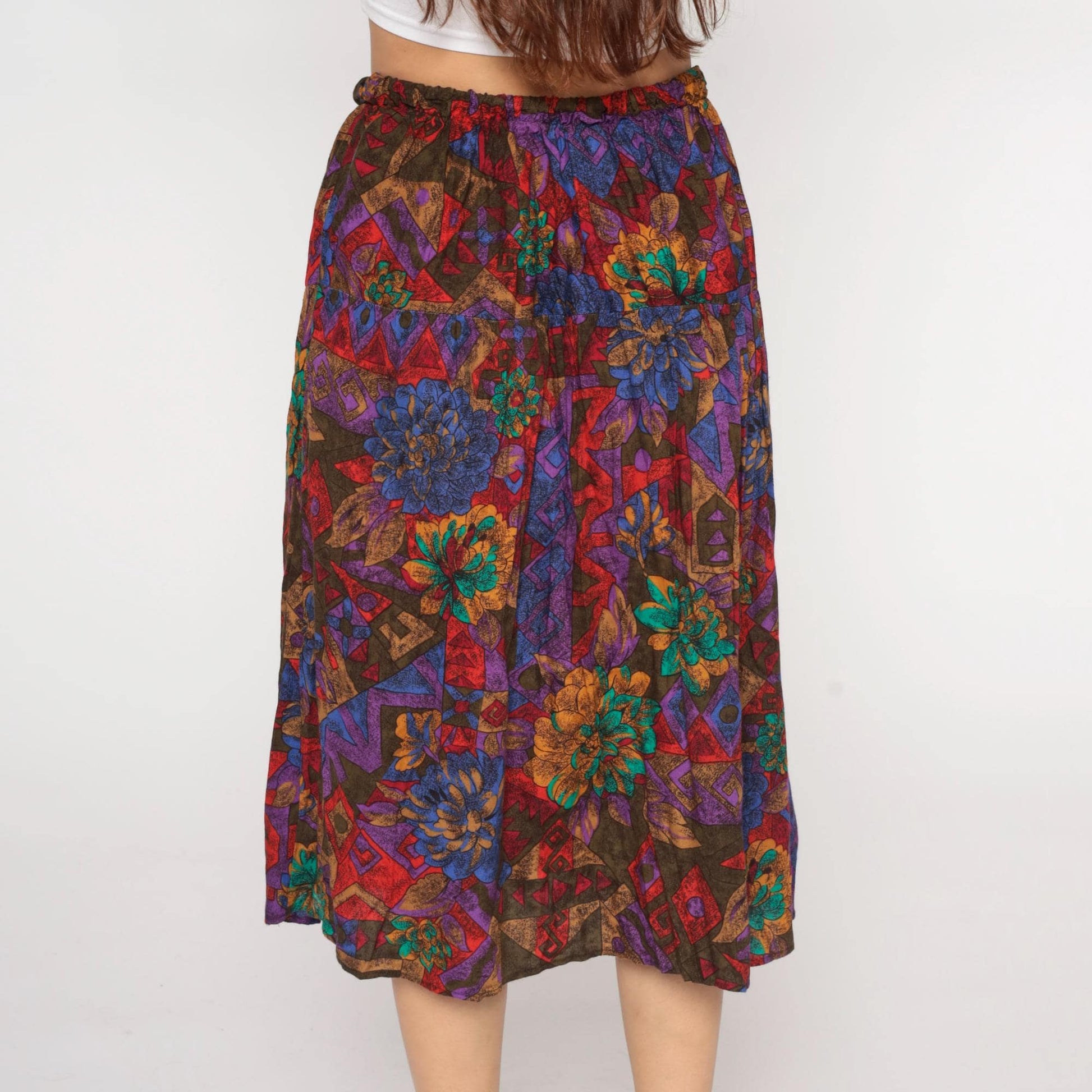 90s Abstract Floral Midi Skirt Multicolor Geometric Print Elastic Waist Plus Size XXXL