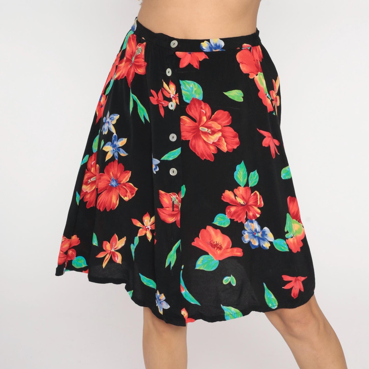 90s Worthington Floral Mini Skirt Black Button Front Tropical Print Large