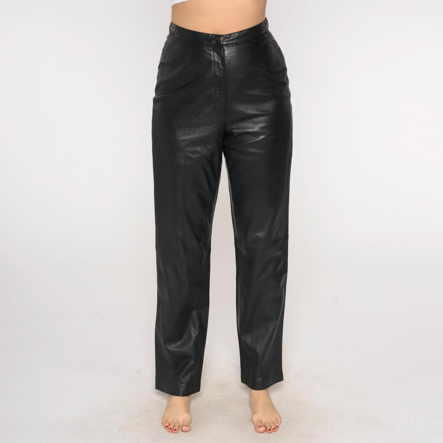 90s Black Leather Pants High Waist Straight Leg Small S