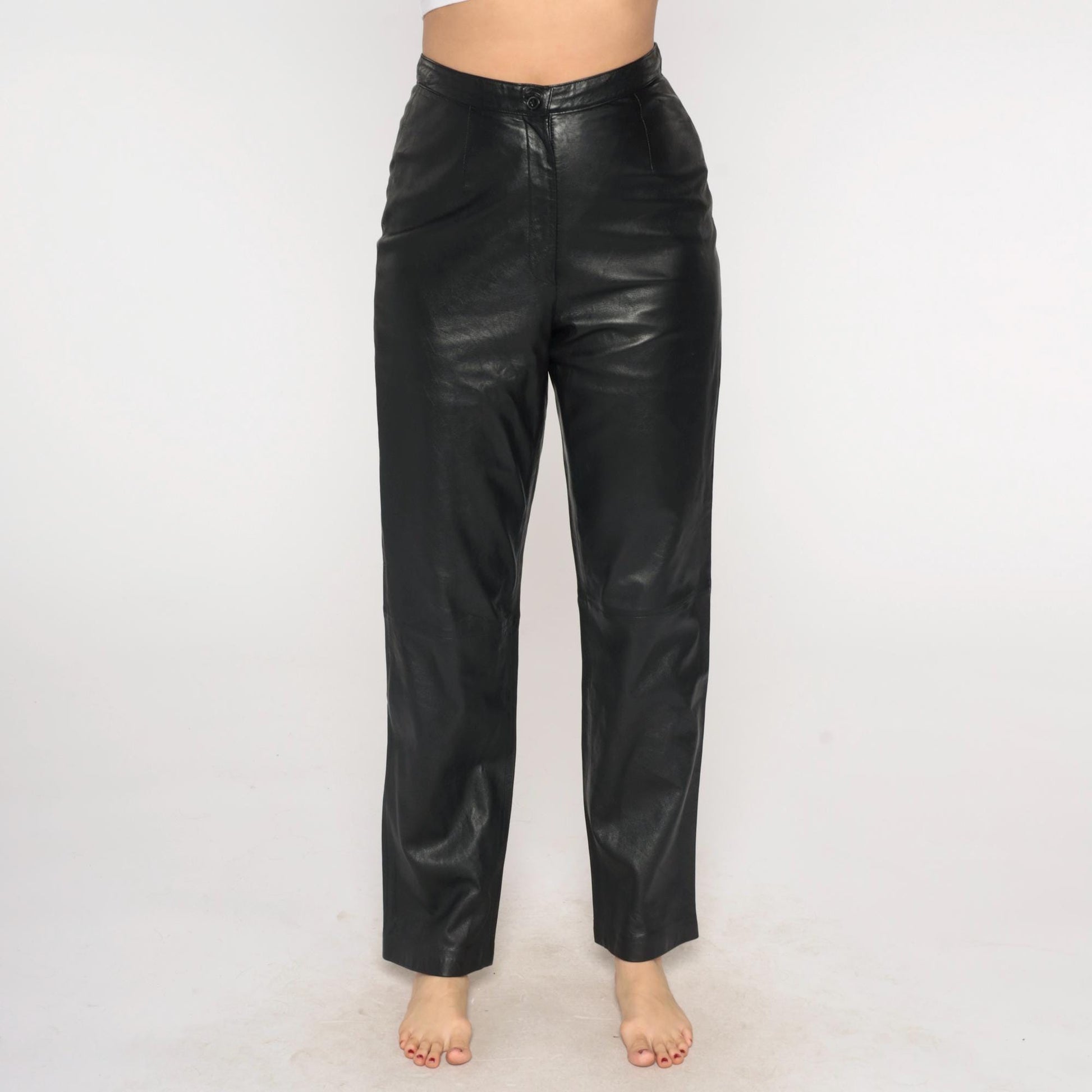 90s Black Leather Pants High Waist Straight Leg Small S