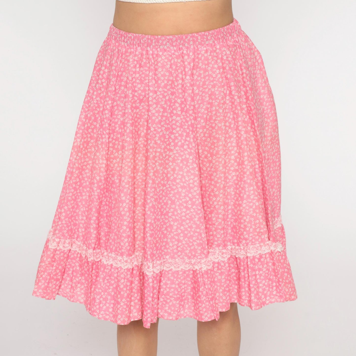 80s Pink Floral Tiered Midi Skirt White Lace Trim Gathered Medium