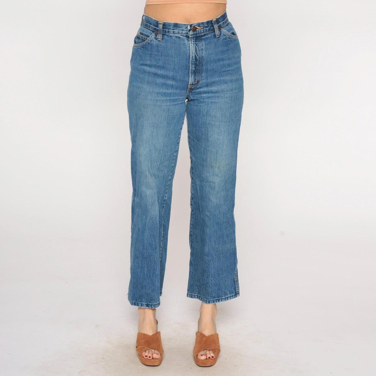 80s H.I.S High Waisted Straight Leg Jeans Medium Blue Orange Stitching Medium