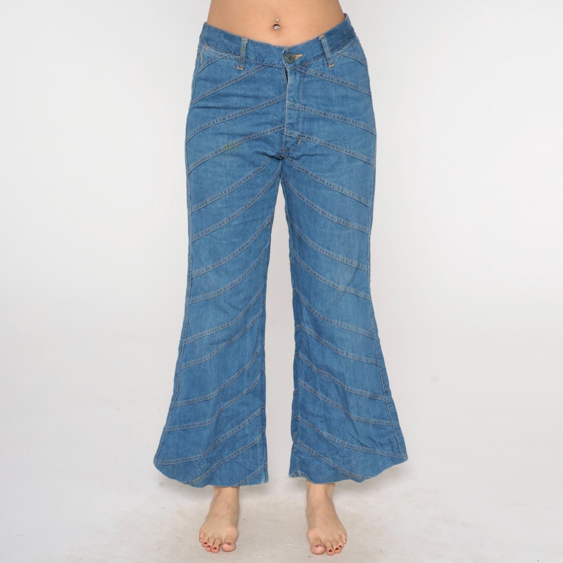 70s Light Blue Denim Bell Bottom Jeans Chevron Seam High Waist Large