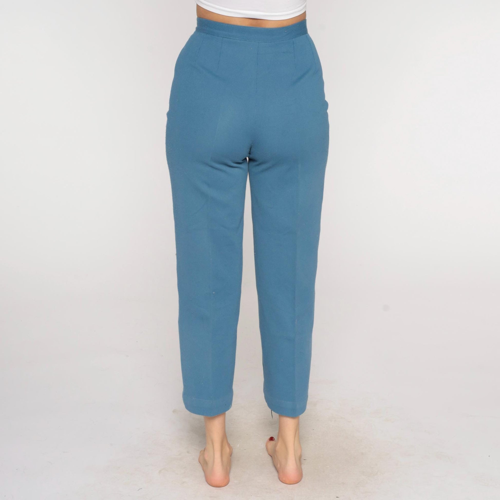 70s Dusty Blue High-Waisted Straight Leg Cropped Trousers Extra Small XS