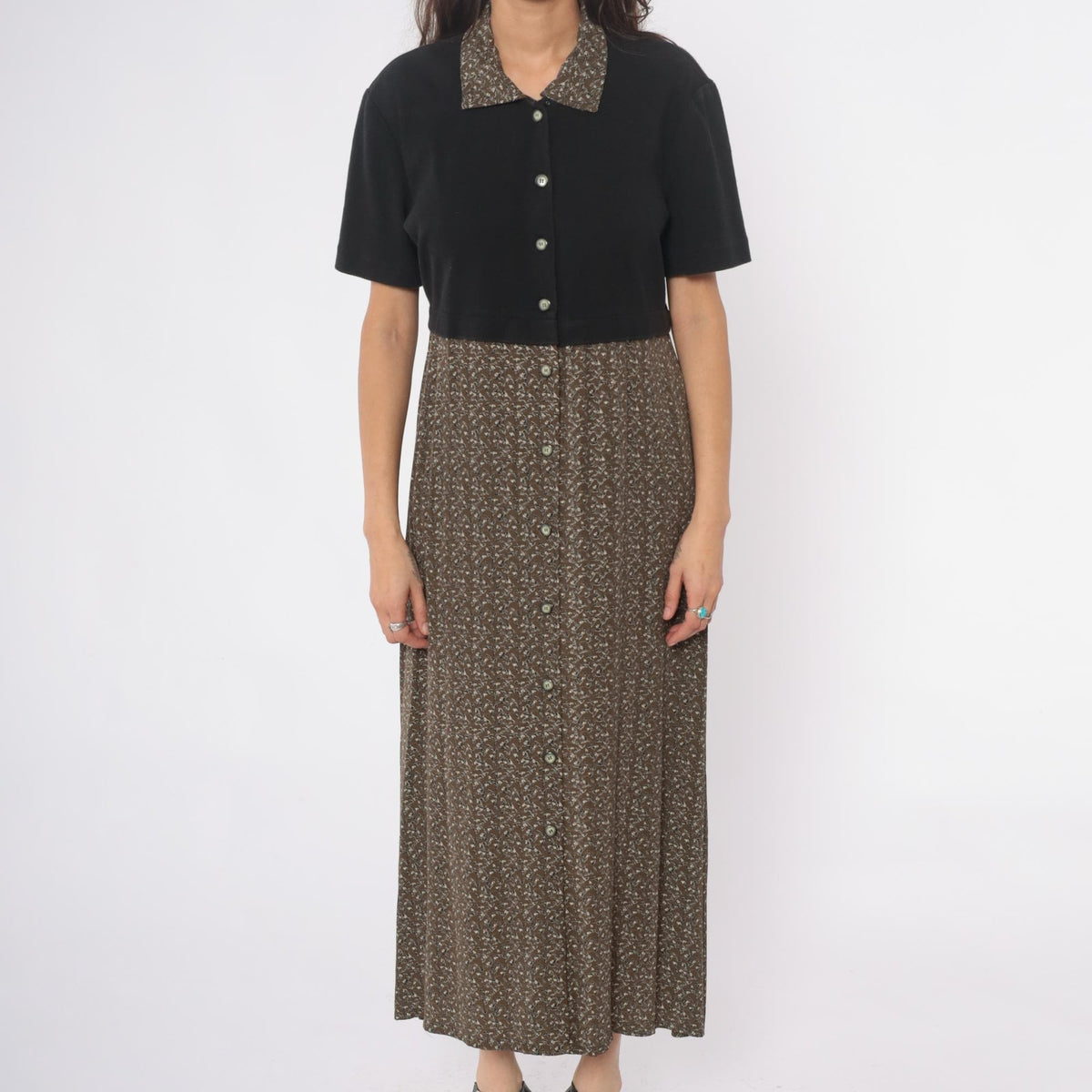 90s Karin Stevens Maxi Dress Button Front Floral Color Block Large L