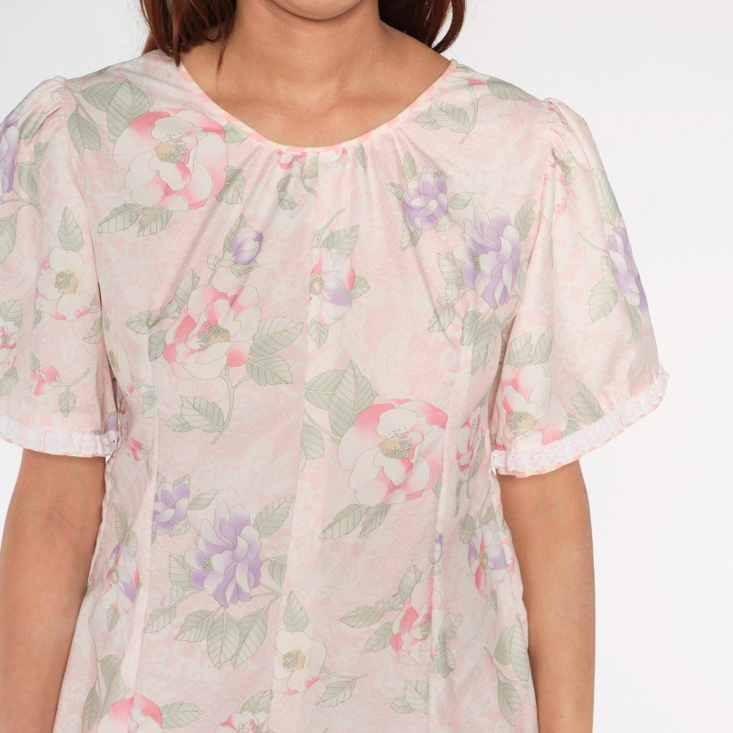 80s Pastel Floral Mini Dress Puff Sleeve Pink Purple Green A-Line Medium M