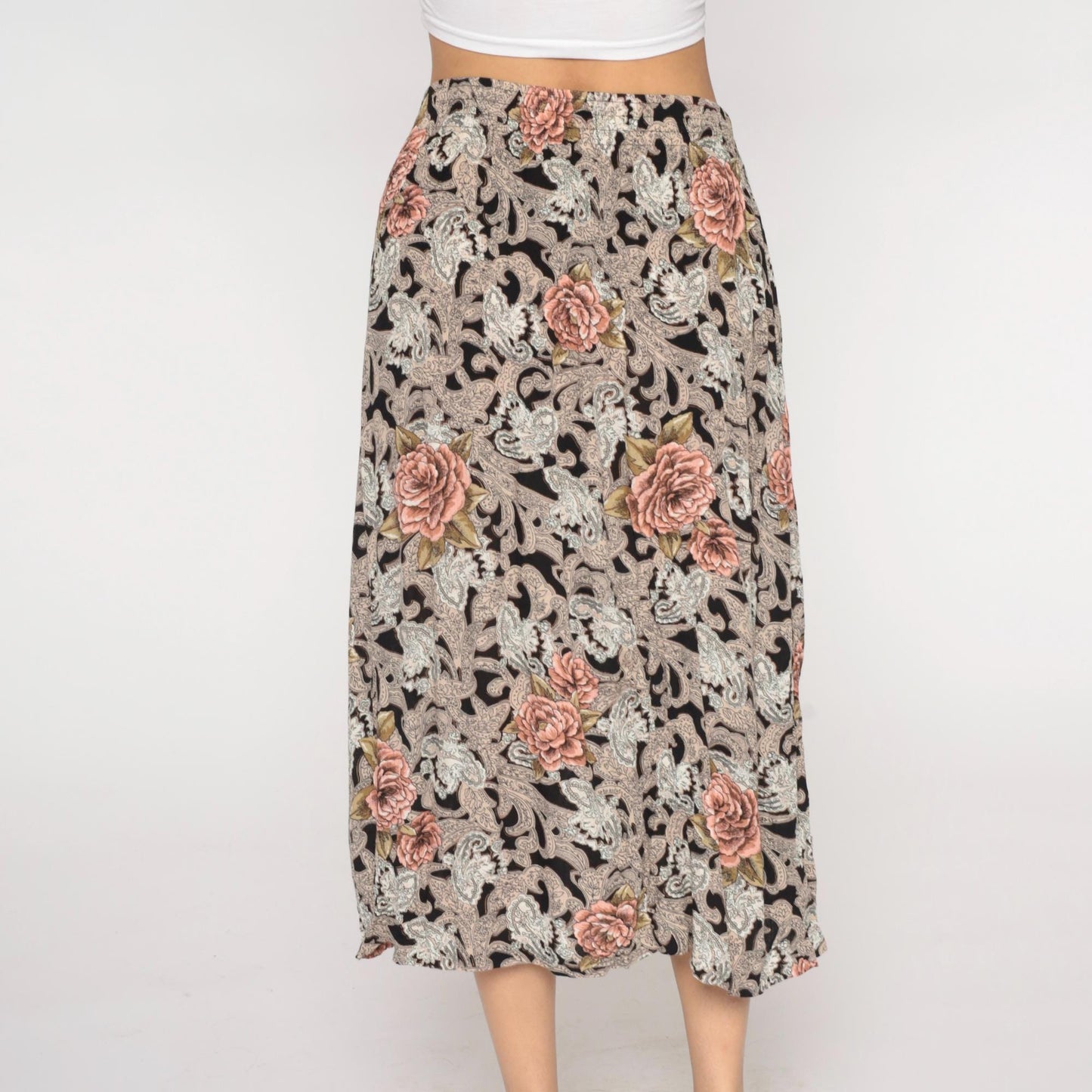 90s Melrose Floral Paisley Midi Skirt Black Pink Elastic Waist Large