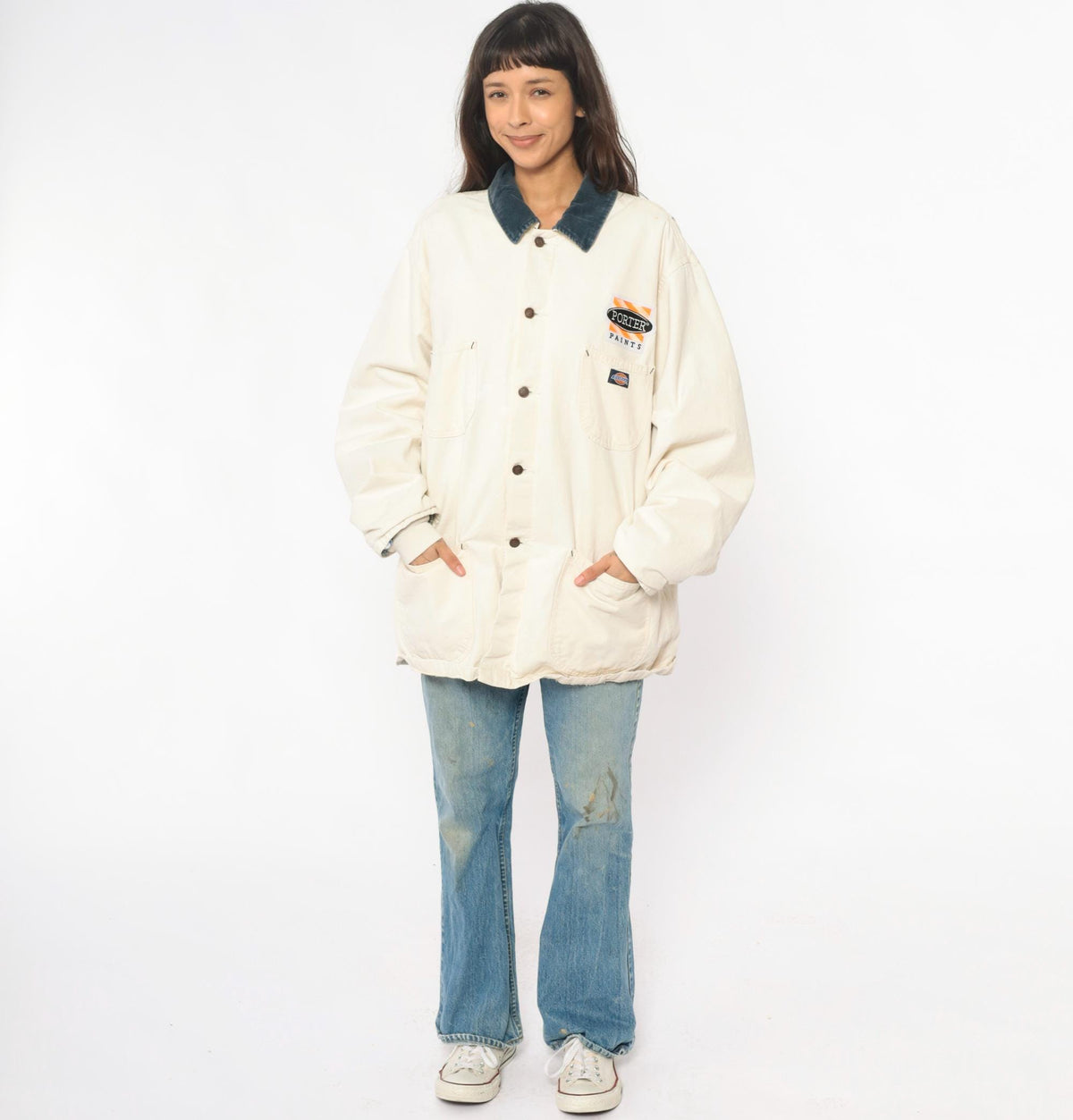 90s Dickies Porter Paints Work Jacket Cream Corduroy Collar Flannel Lined Extra Large