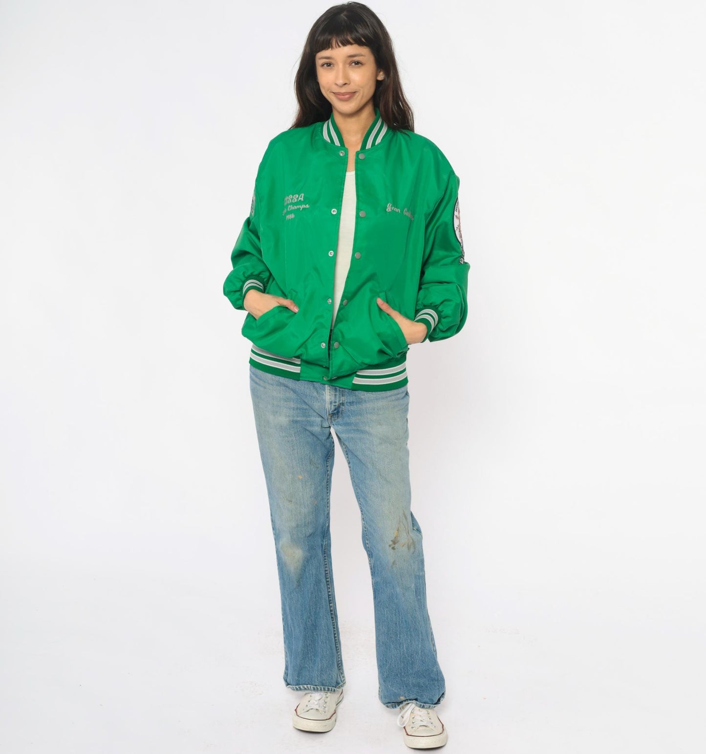 80s Green Varsity Bomber Jacket Embroidered Patches Snap Front Extra Large XL