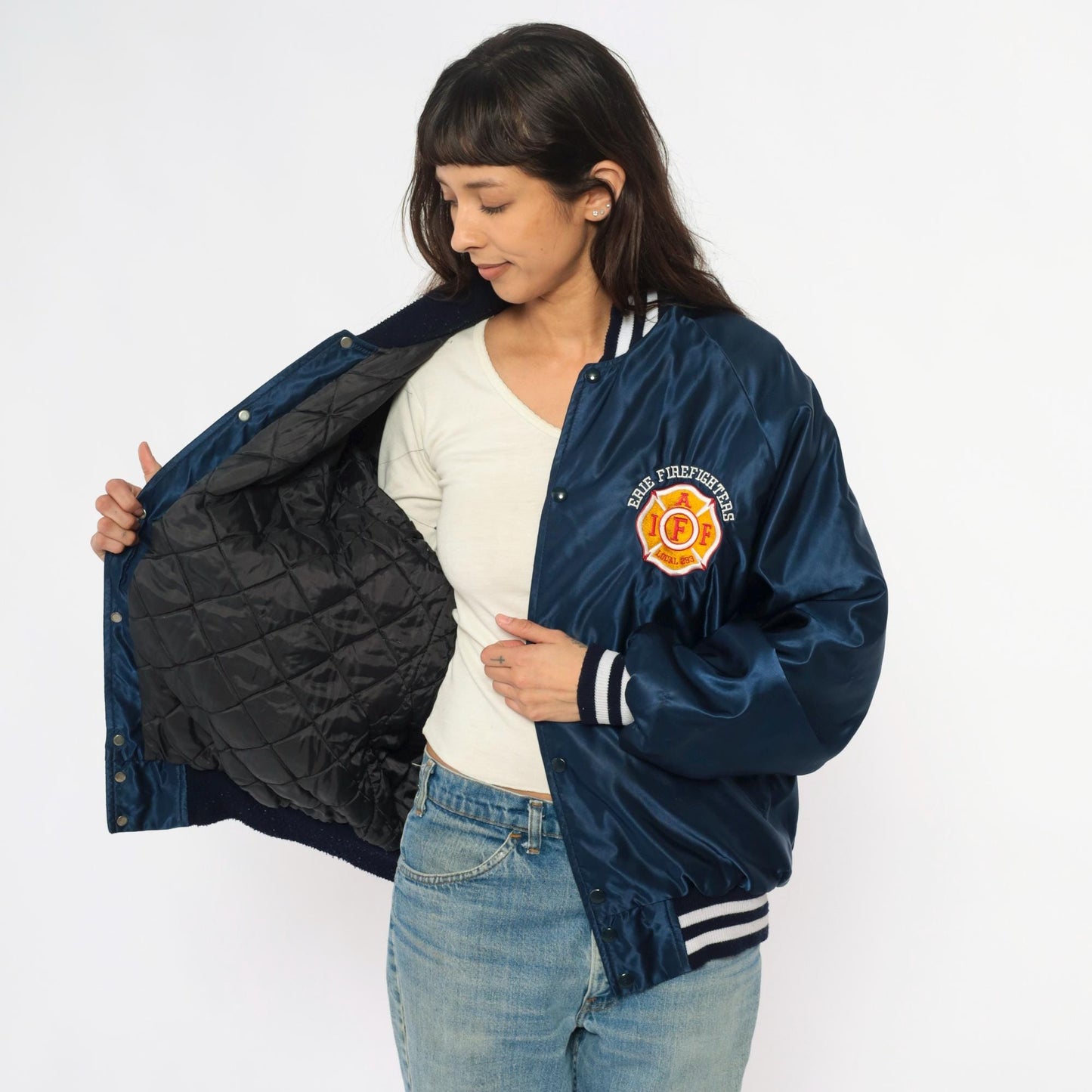90s Erie Firefighters Navy Satin Bomber Jacket Embroidered Patch Extra Large XL