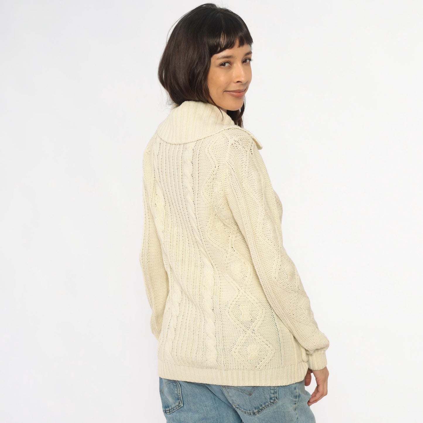 70s Cable Knit Cardigan Cream Shawl Collar Patch Pockets Small
