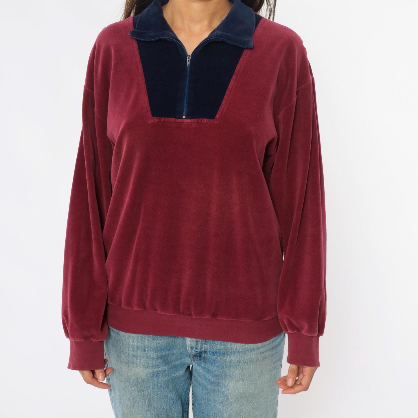 80s Velour Pullover Burgundy Navy Colorblock Half Zip Collared Track Top Medium