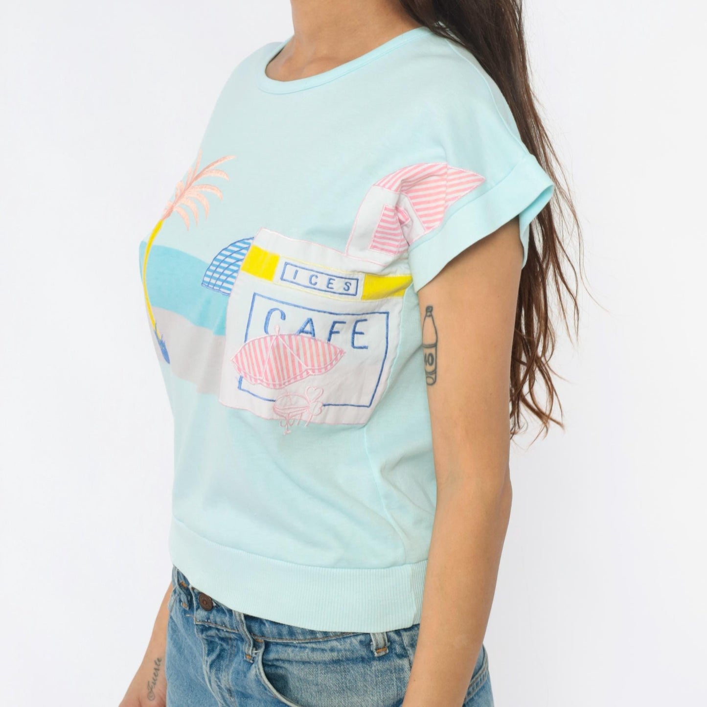 80s Beach Cafe Graphic Sweatshirt Mint Blue Cropped Pocket Medium