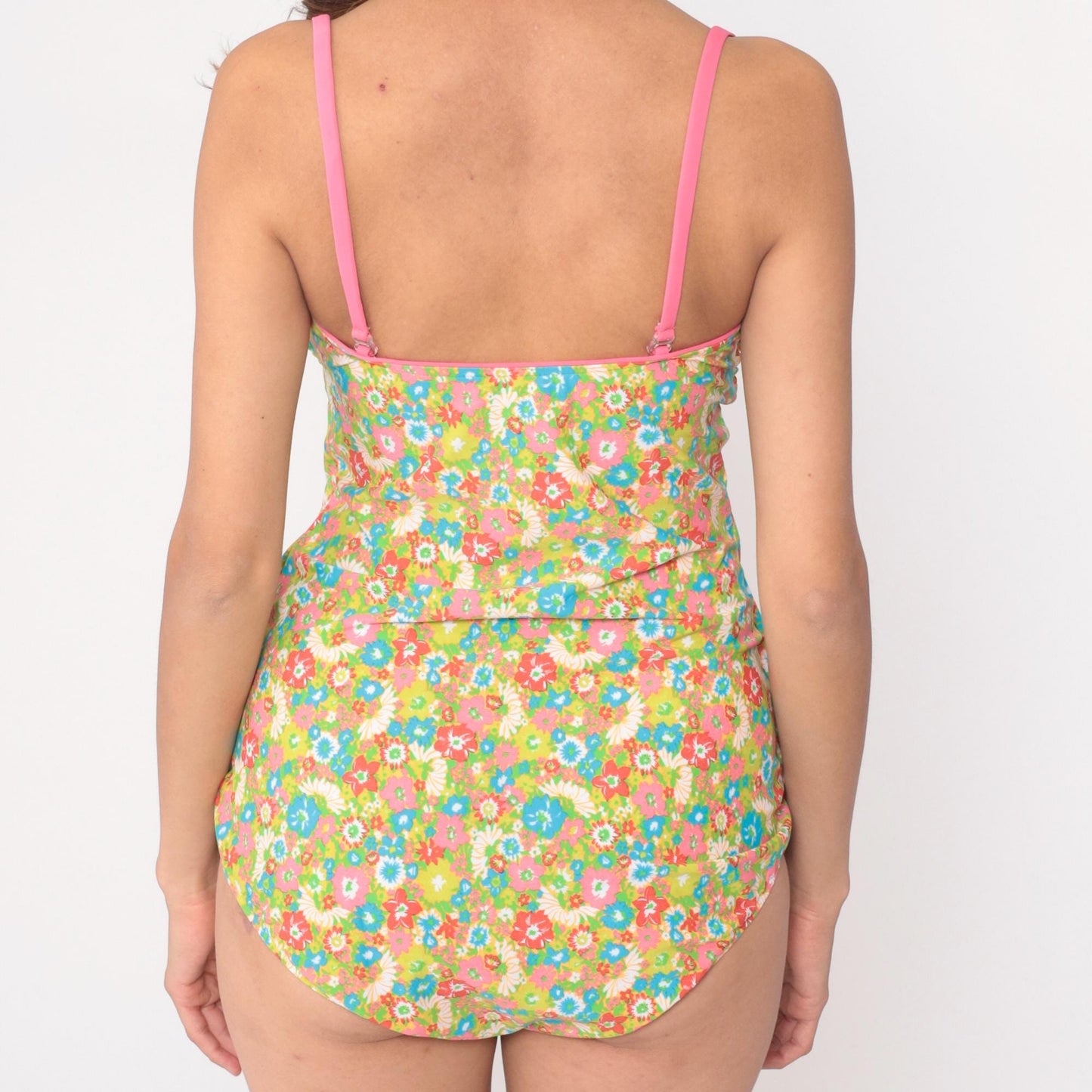 80s Sea Waves Floral One-Piece Swimsuit Skirted Halter Multicolor Large