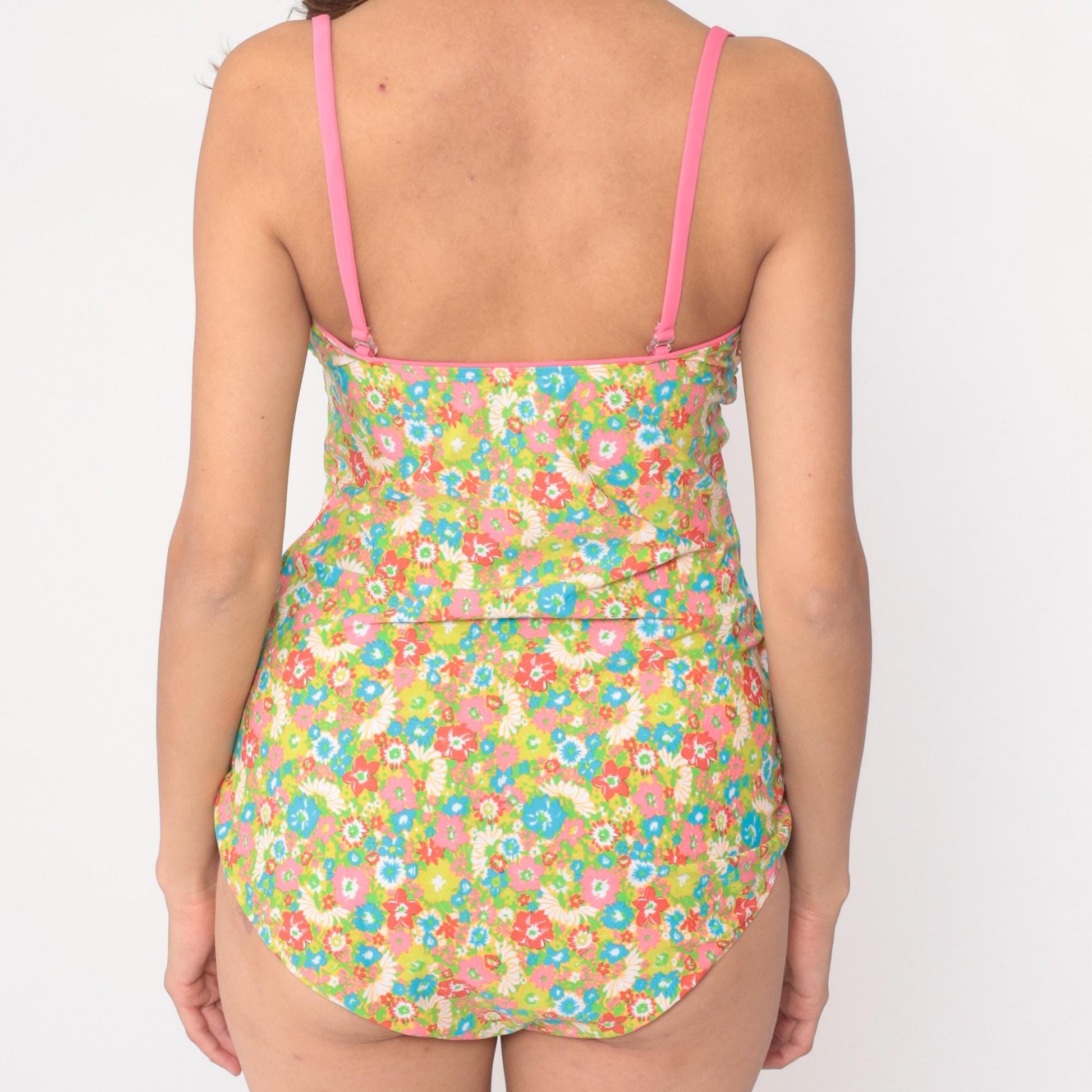 80s Sea Waves Floral One-Piece Swimsuit Skirted Halter Multicolor Large