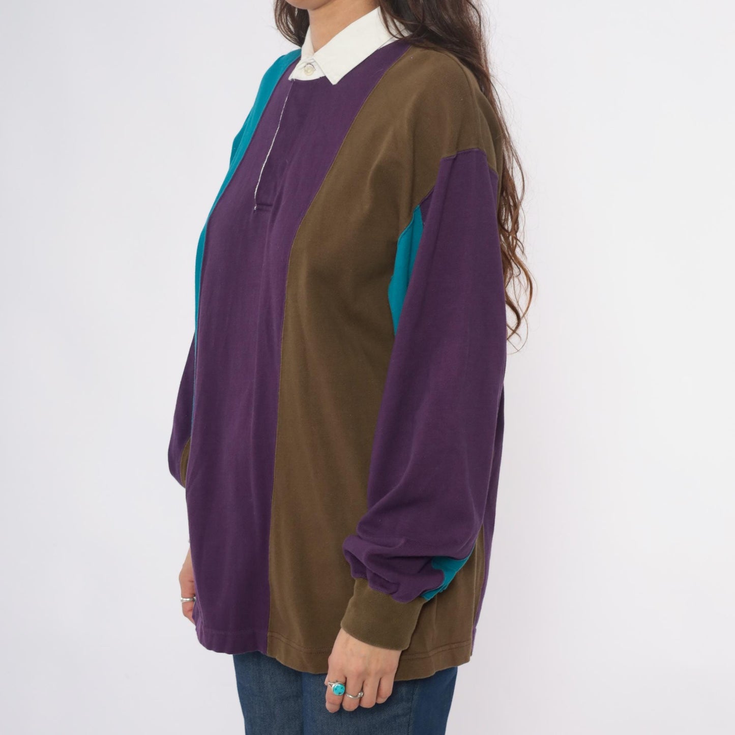 90s Cambridge Classics Rugby Polo Purple Teal Olive Colour Block Cotton Large