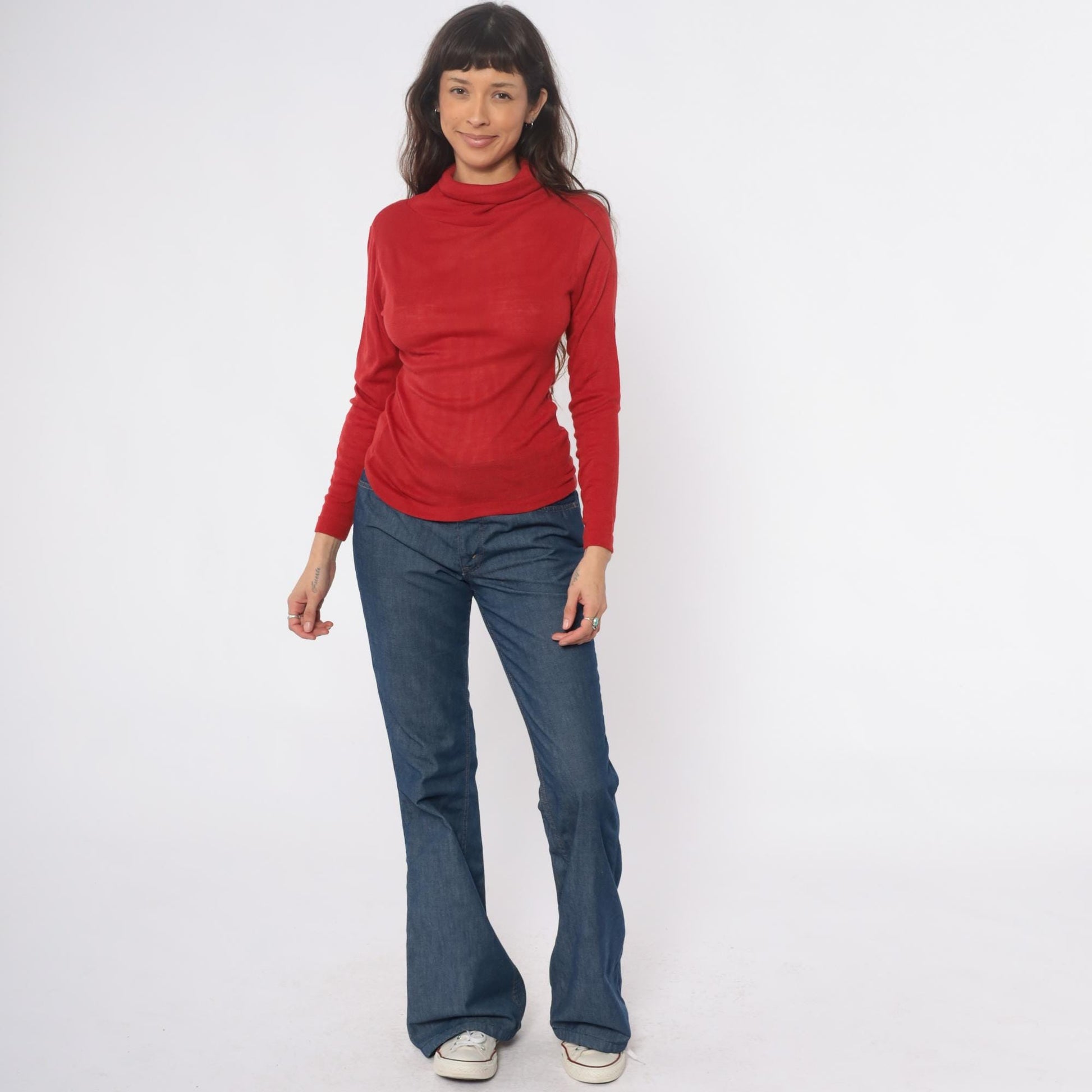 80s Red Turtleneck Acrylic Knit Fitted Long Sleeve Pullover Medium M