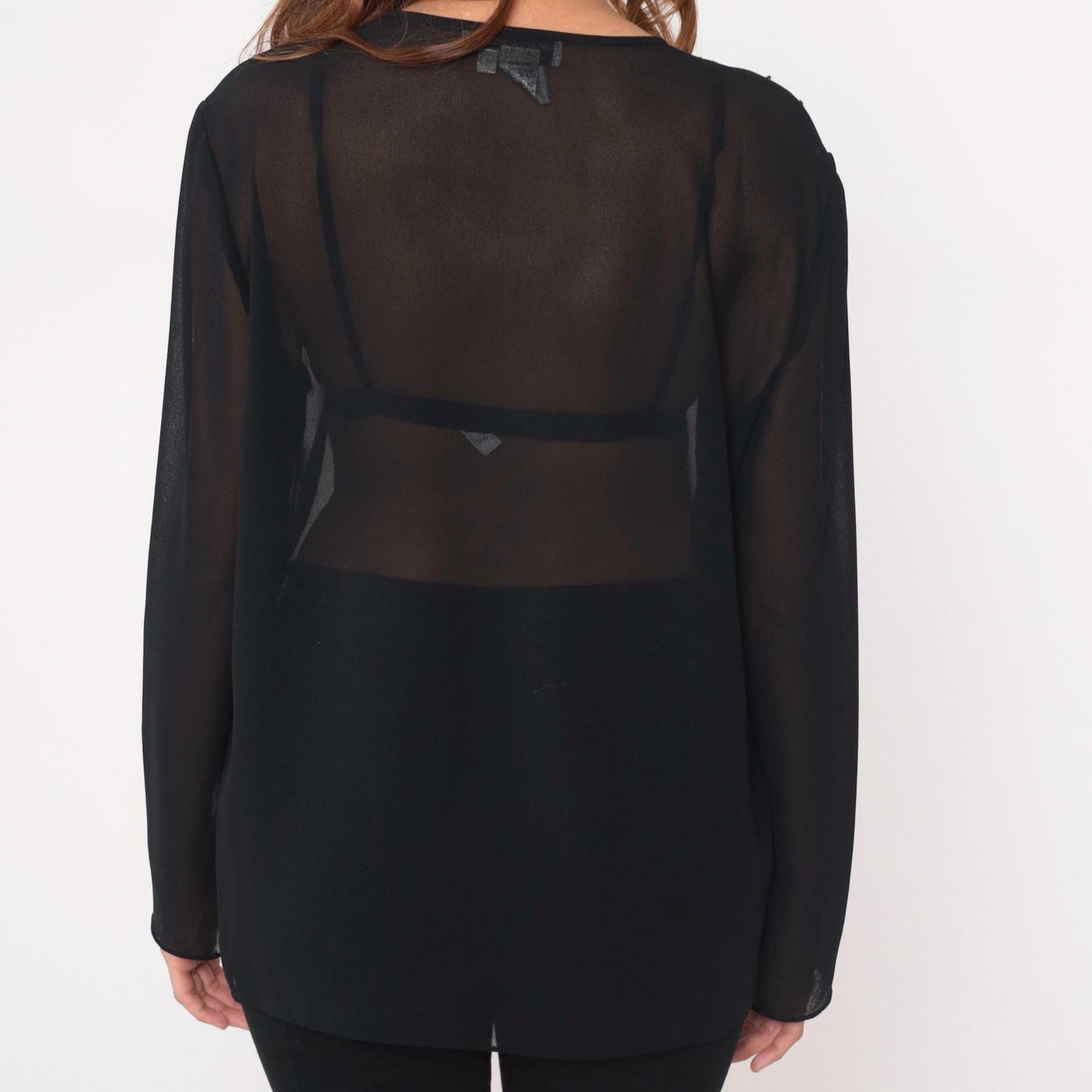 90s Adrianna Papell Black Beaded Blouse Keyhole Neckline Sheer Large L