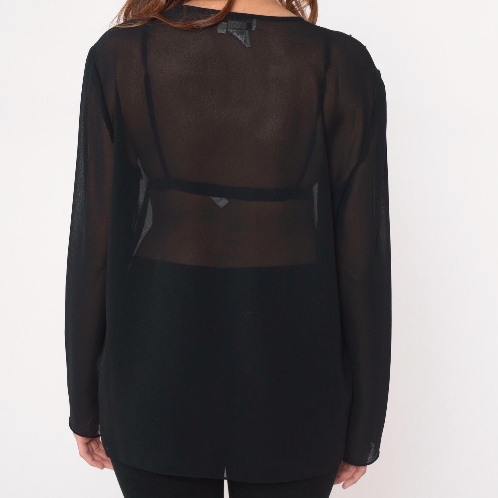 90s Adrianna Papell Black Beaded Blouse Keyhole Neckline Sheer Large L