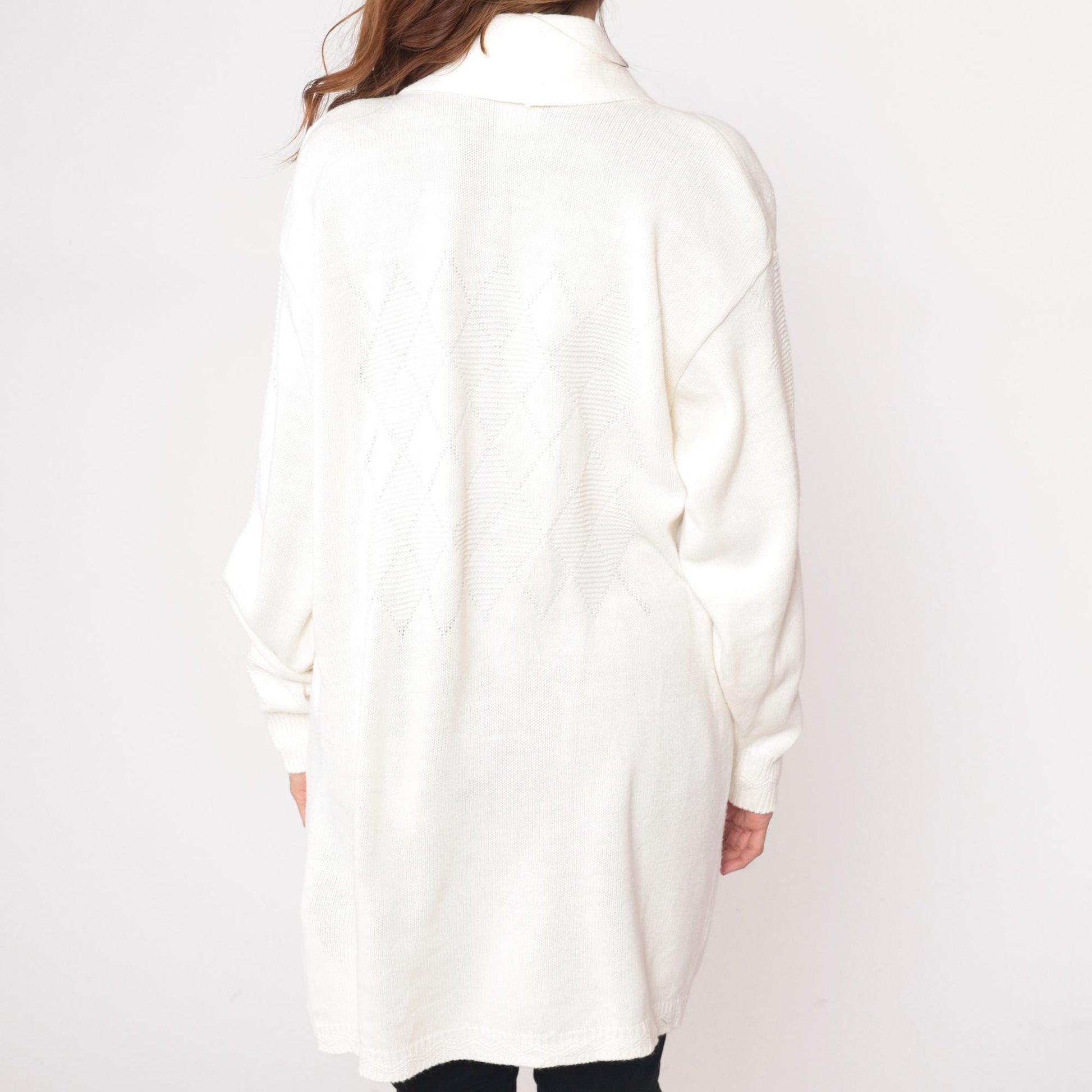 80s Southern Lady Cream Cardigan Shawl Collar Cable Knit Longline Medium M