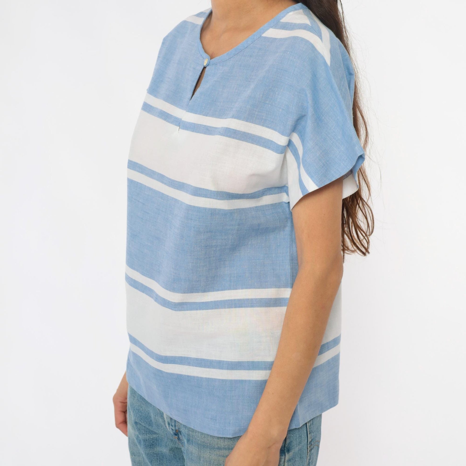 80s Graff Sport Blue White Striped Top Keyhole Neckline Small S