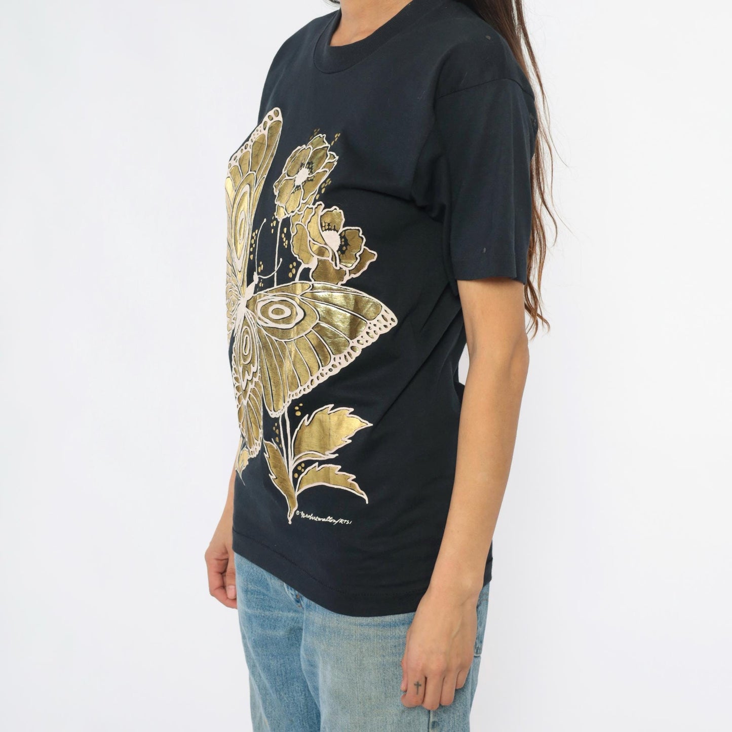 90s Gold Butterfly Floral Graphic T-Shirt Black Screen Stars Best Medium